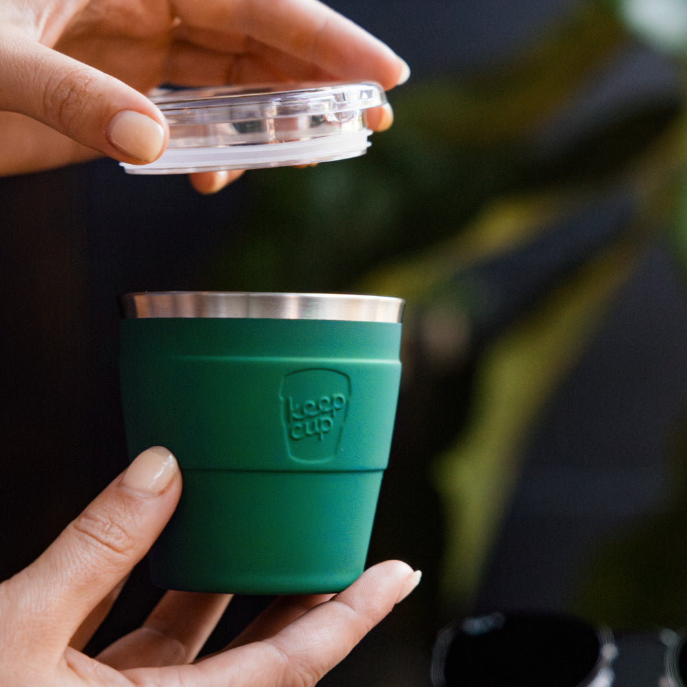 Lid held off Frist Green 6oz ounce Thermal Cup showing KeepCup logo
