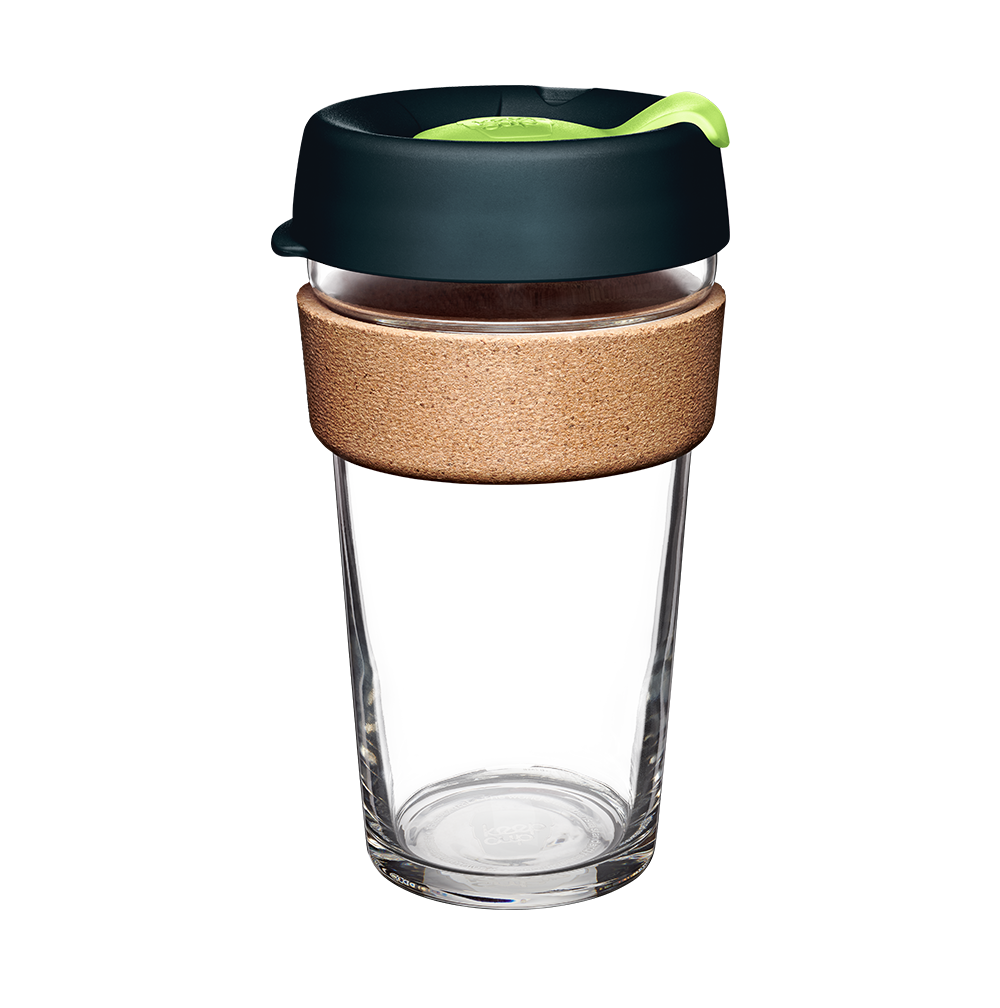 Clear glass mug with a deep green lid and cork sleeve on a white background