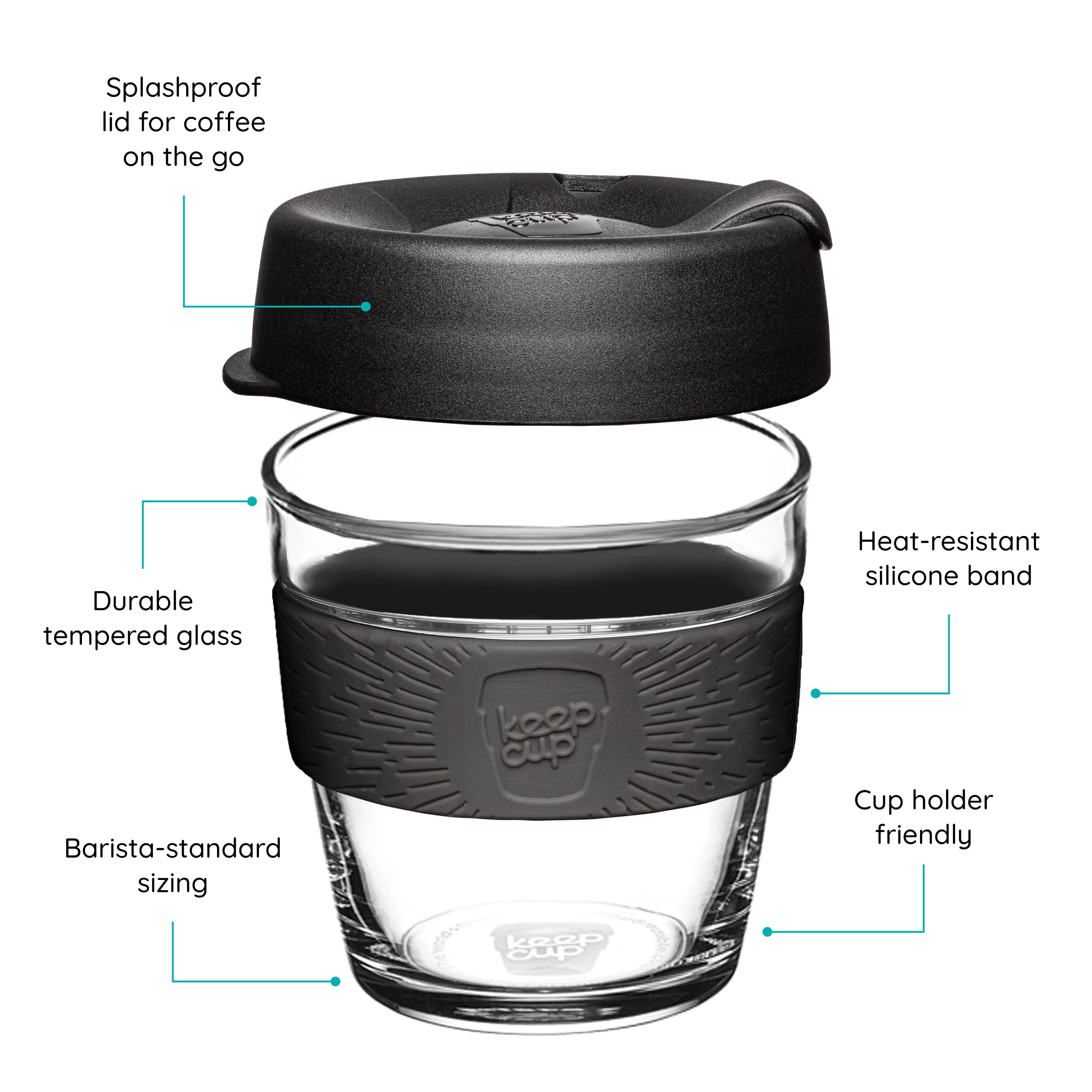 KeepCup Reusable coffee cup with black lid and band, featuring text on a white background