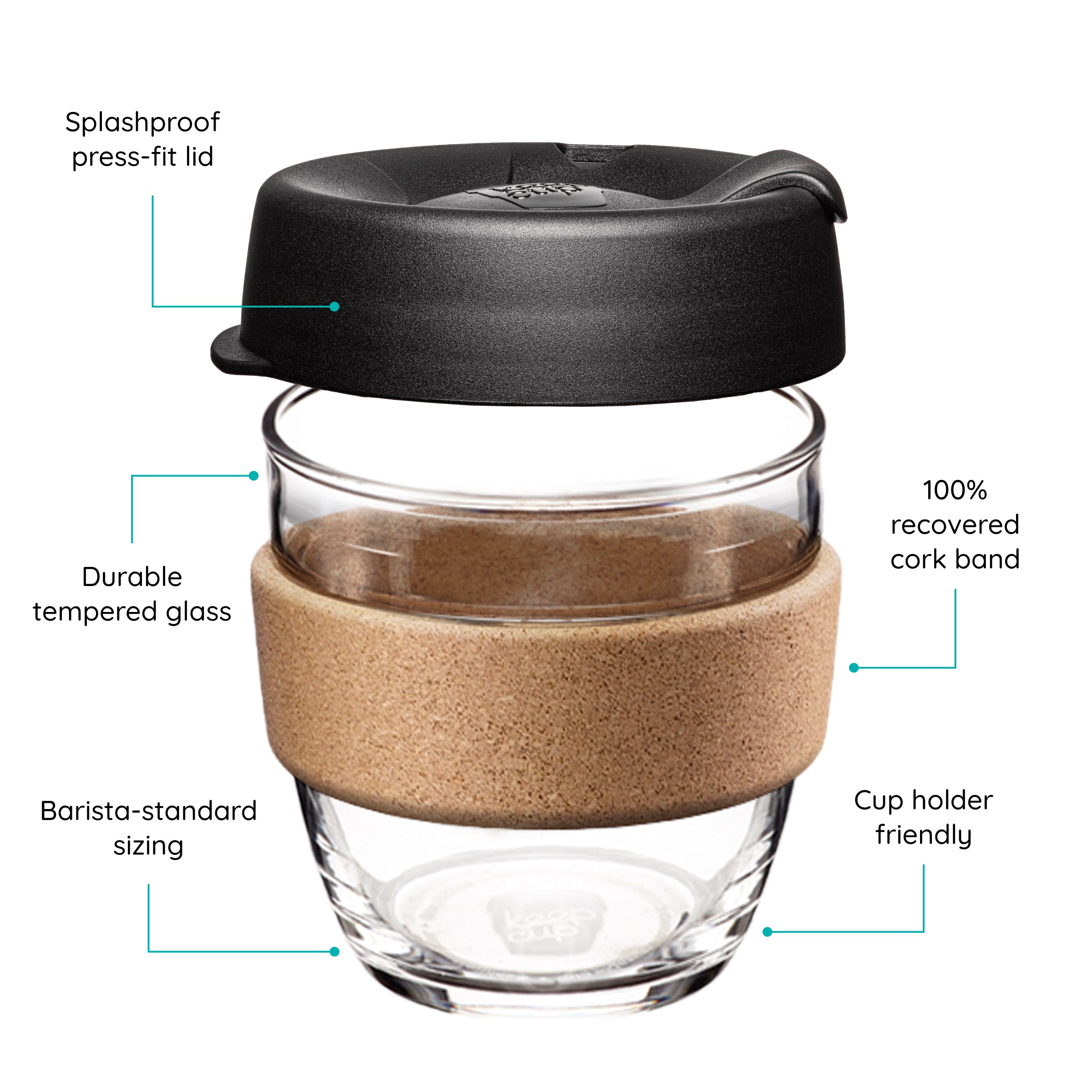 KeepCup glass coffee cup with cork band and black lid, featuring text on a white background.
