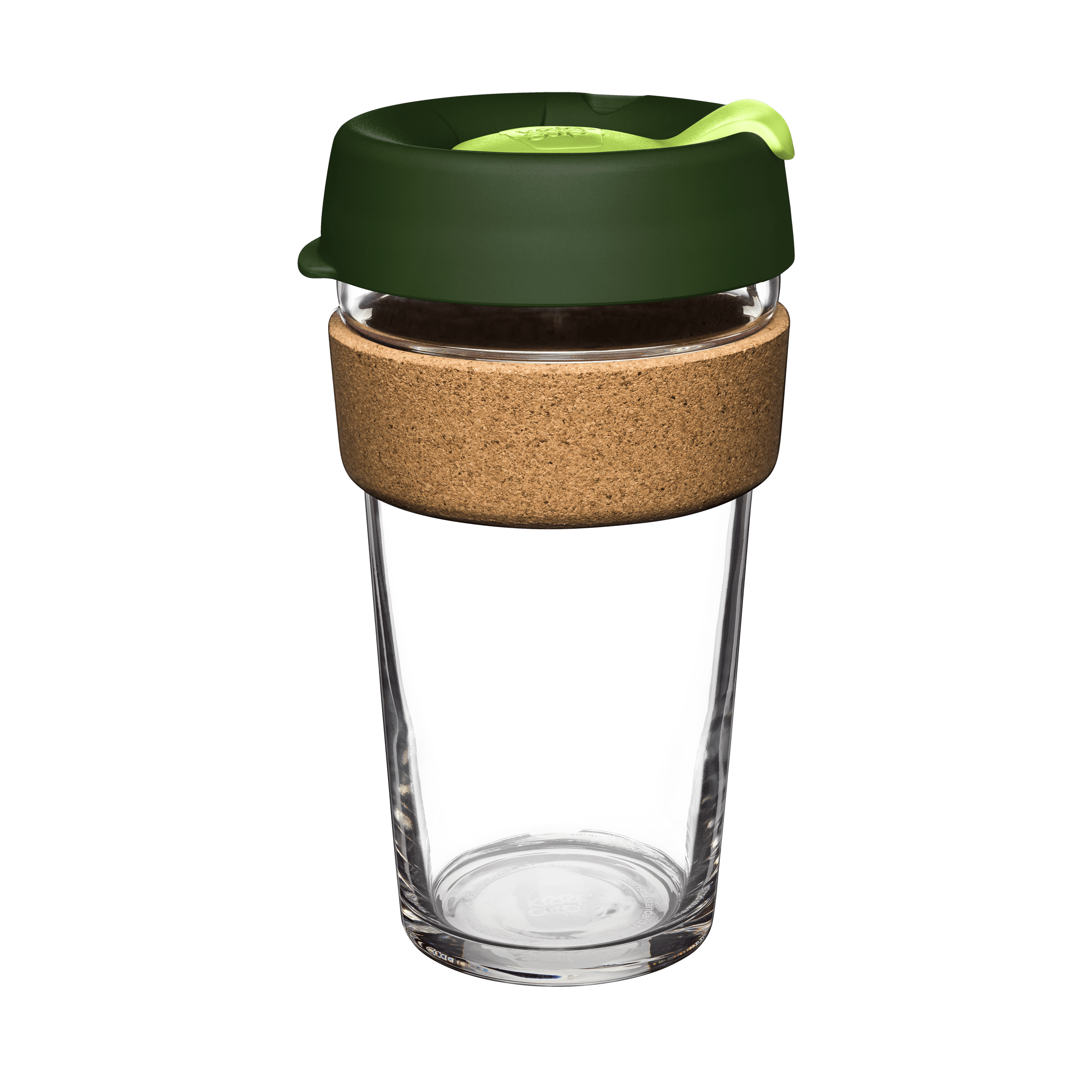 Glass reusable coffee cup with a green lid and cork base on a transparent background