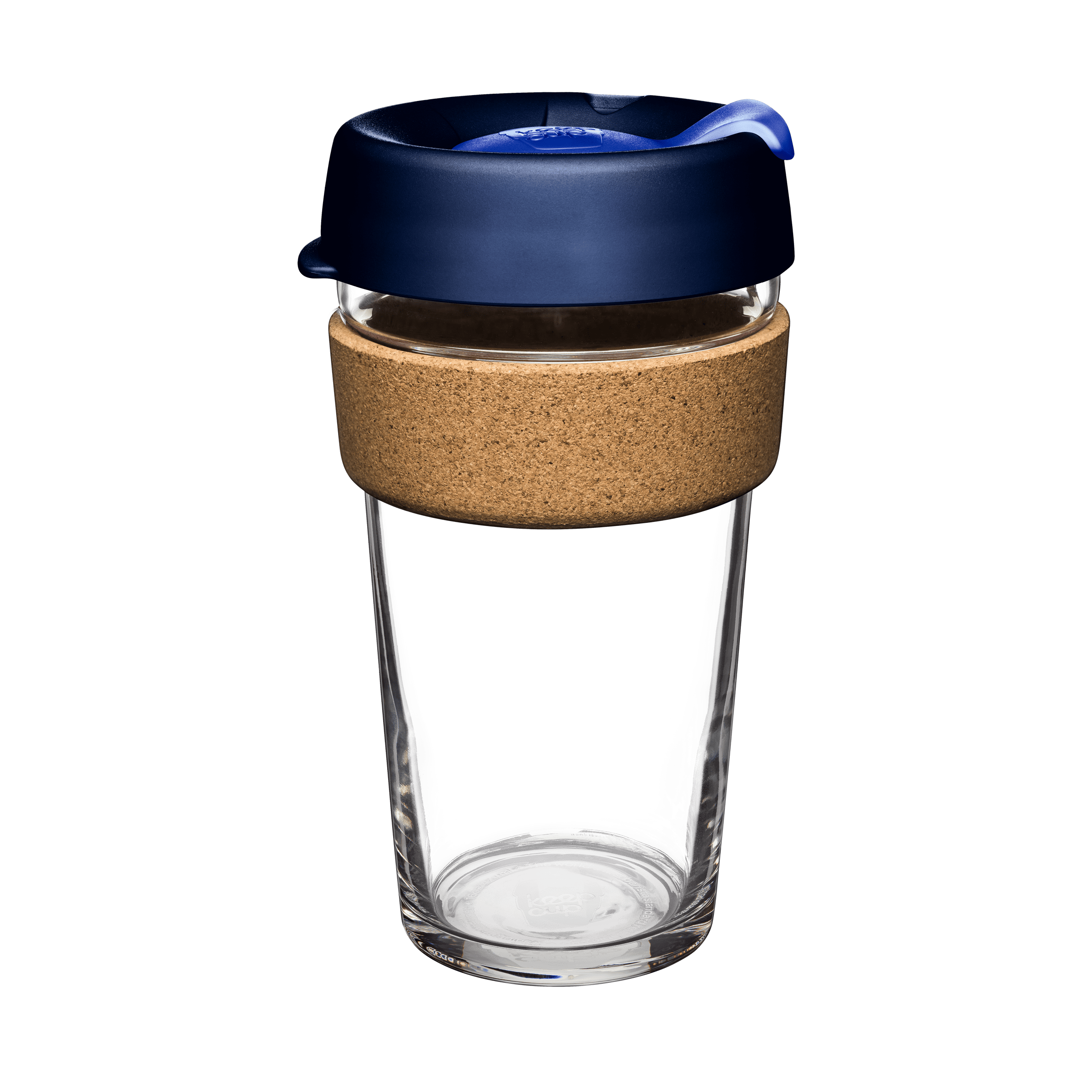 Clear glass reusable coffee cup with a blue lid and cork base on a transparent background