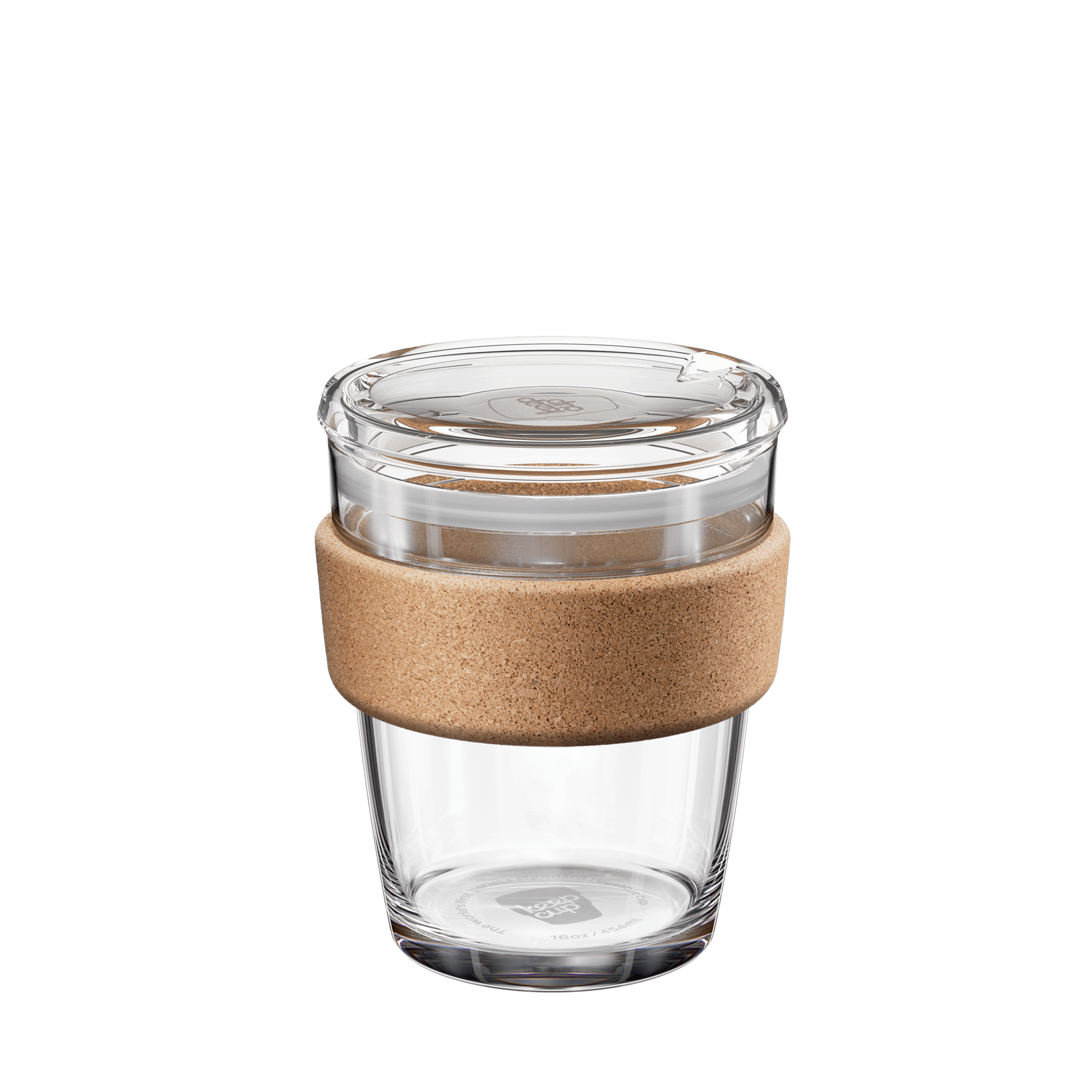 12oClear glass reusable coffee cup with a cork sleeve on a transparent background