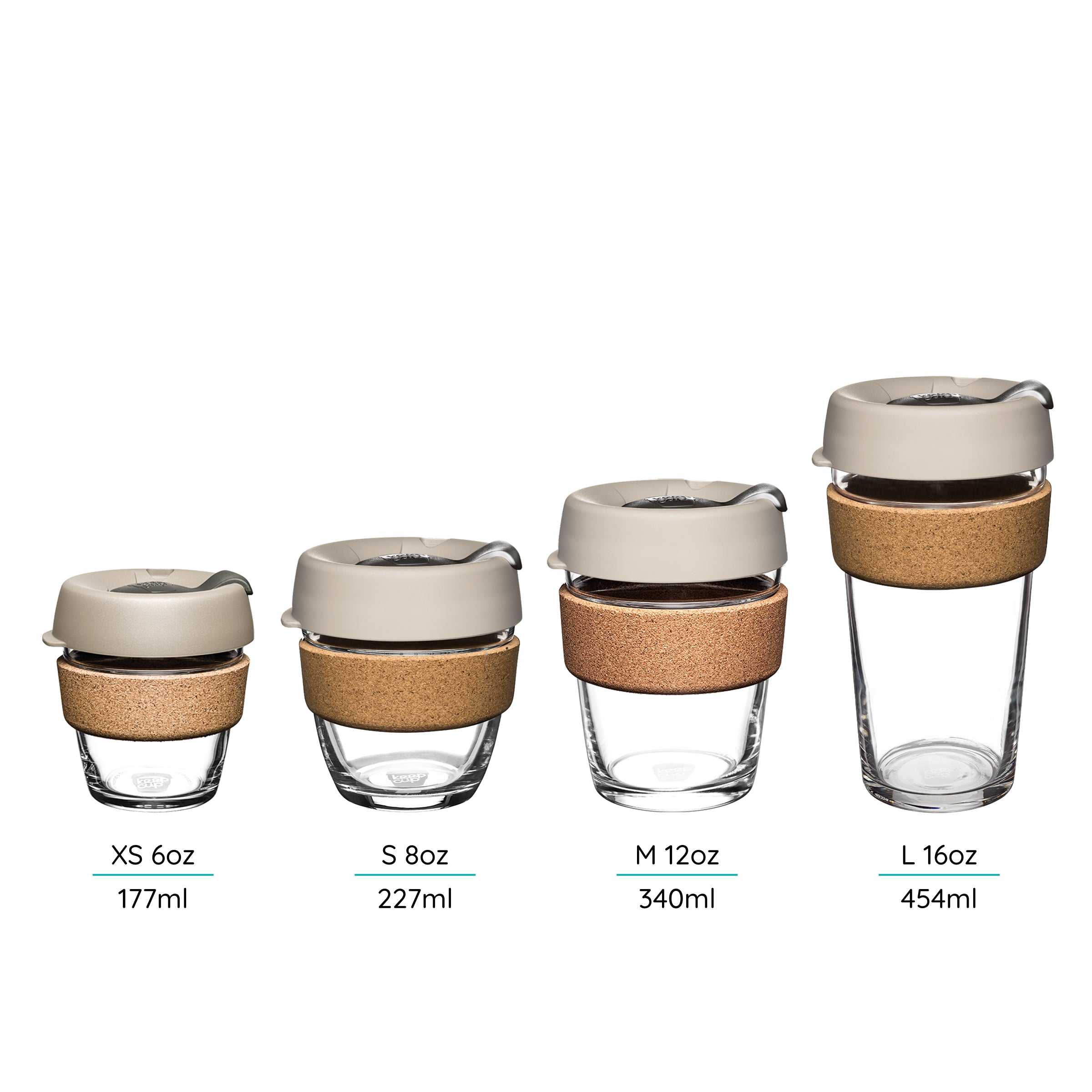 Set of four reusable glass
cups with cork bands - different sizes shown on a white background