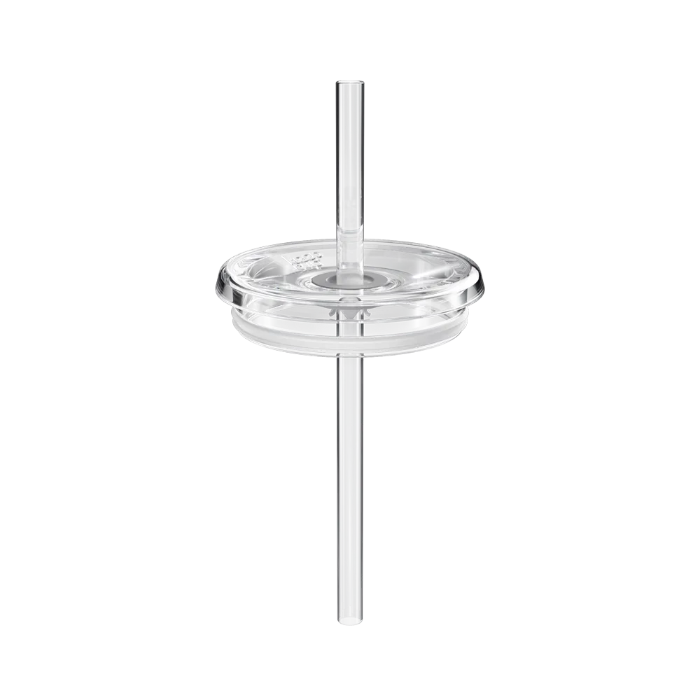 Clear plastic straw lid with a circular base on a white background