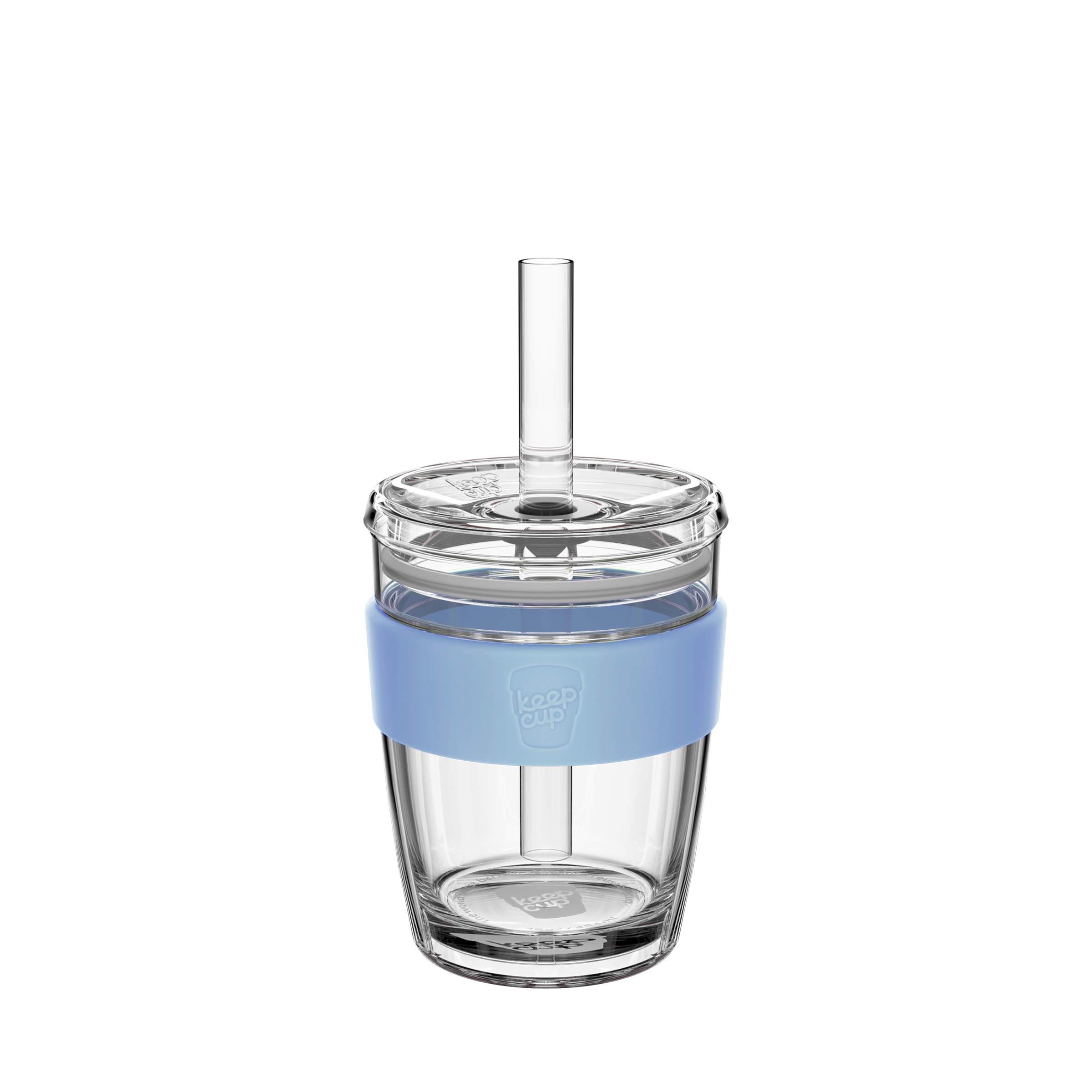 KeepCup Cold Cup Longplay Boba M 12oz in Orchid, shown from the front against a white background. The clear glass cup features a light blue silicone band, transparent lid, and reusable straw extending through the centre.
