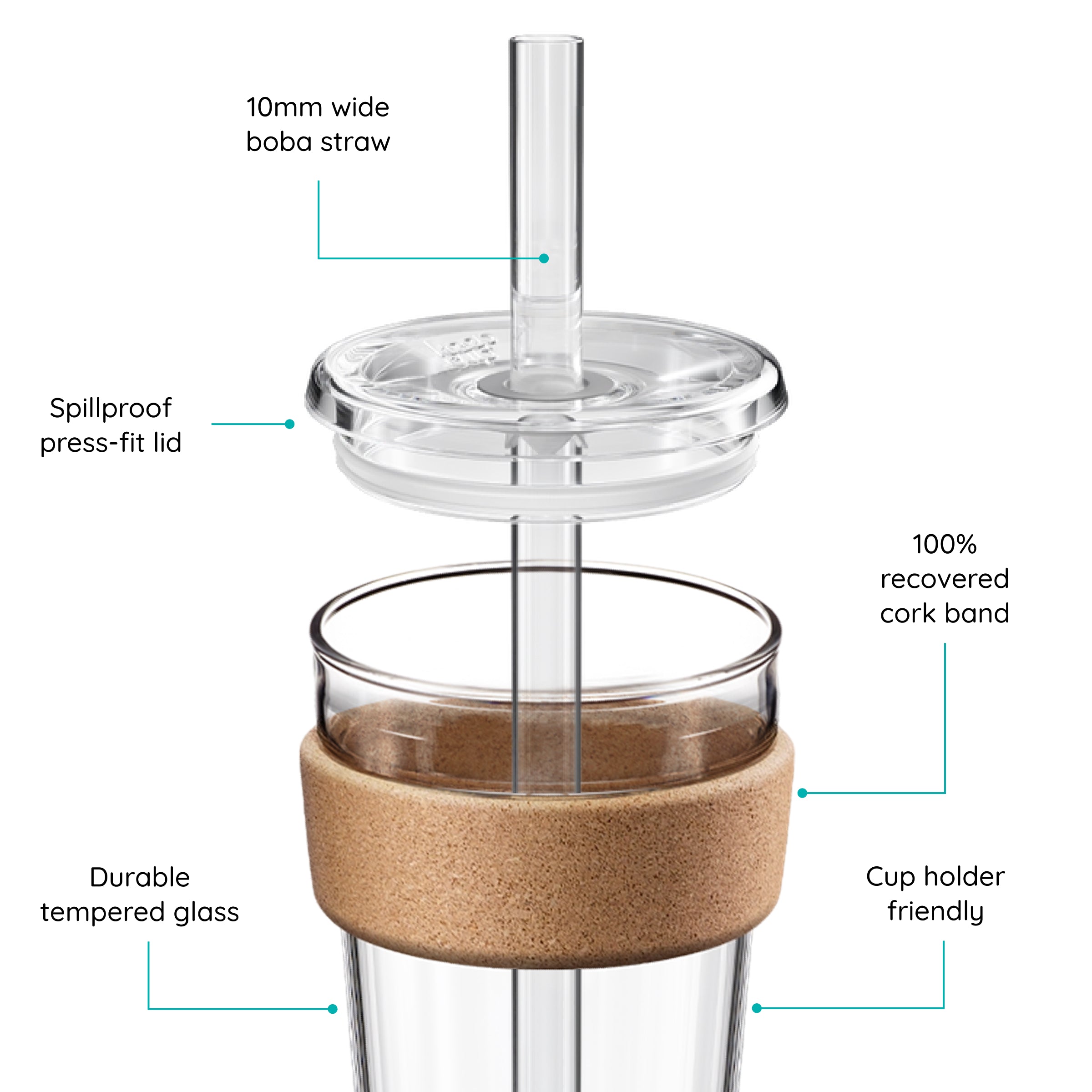Cold Cup with cork band and Boba Straw, labeled features on a white background