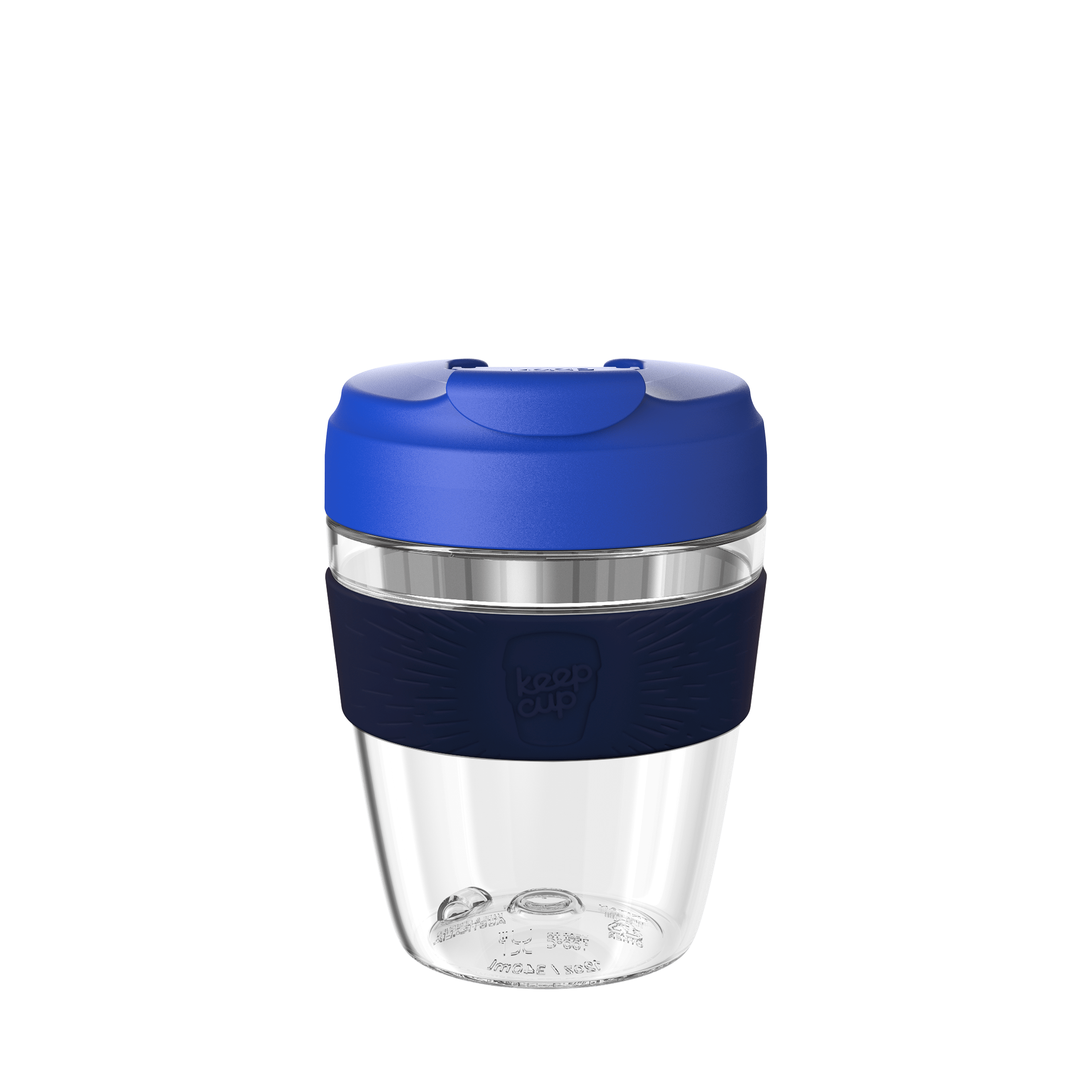 Clear reusable coffee cup with blue lid and black band on a transparent background