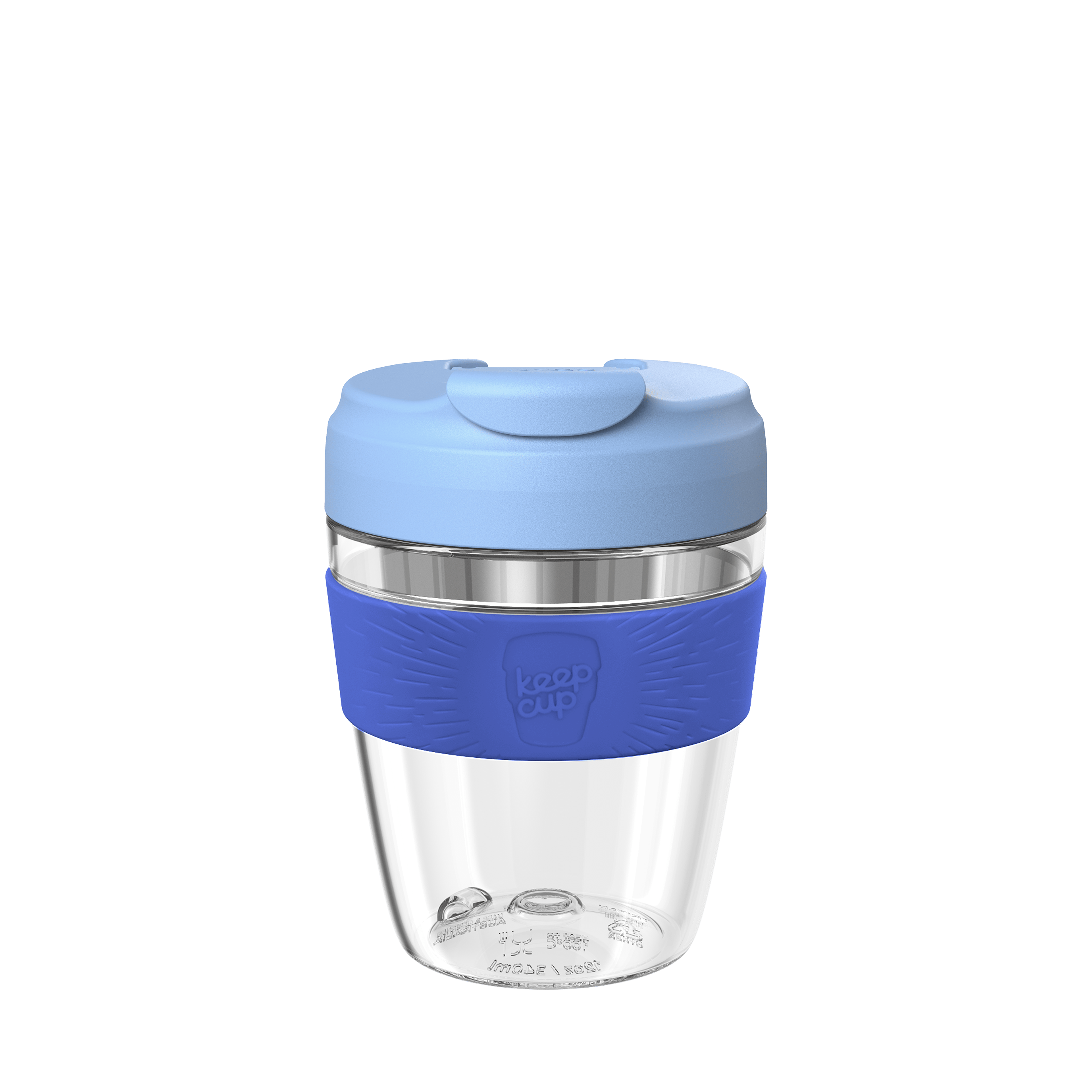 Clear reusable travel cup with blue lid and sleeve on a transparent background