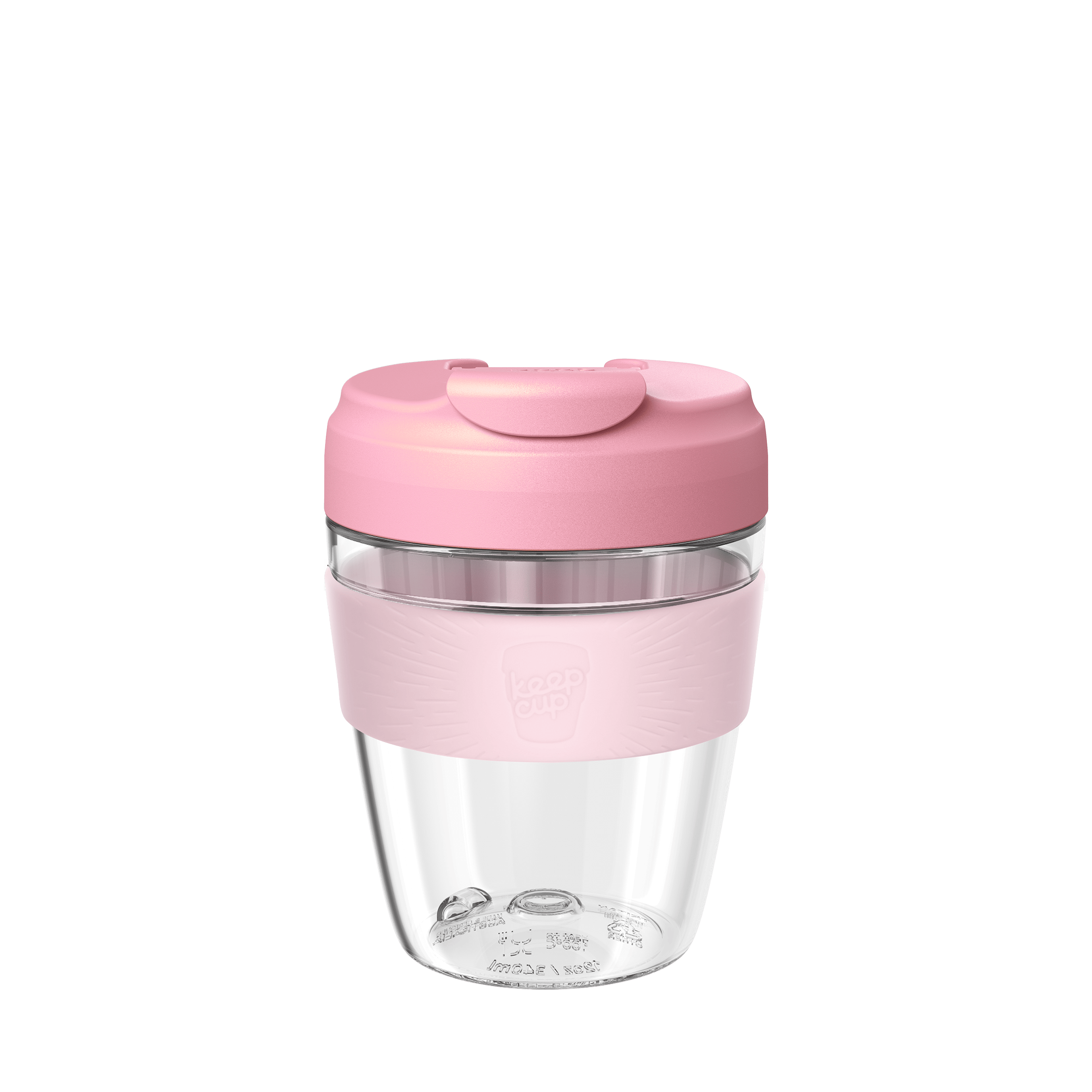 Clear travel mug with pink lid and base on a transparent background