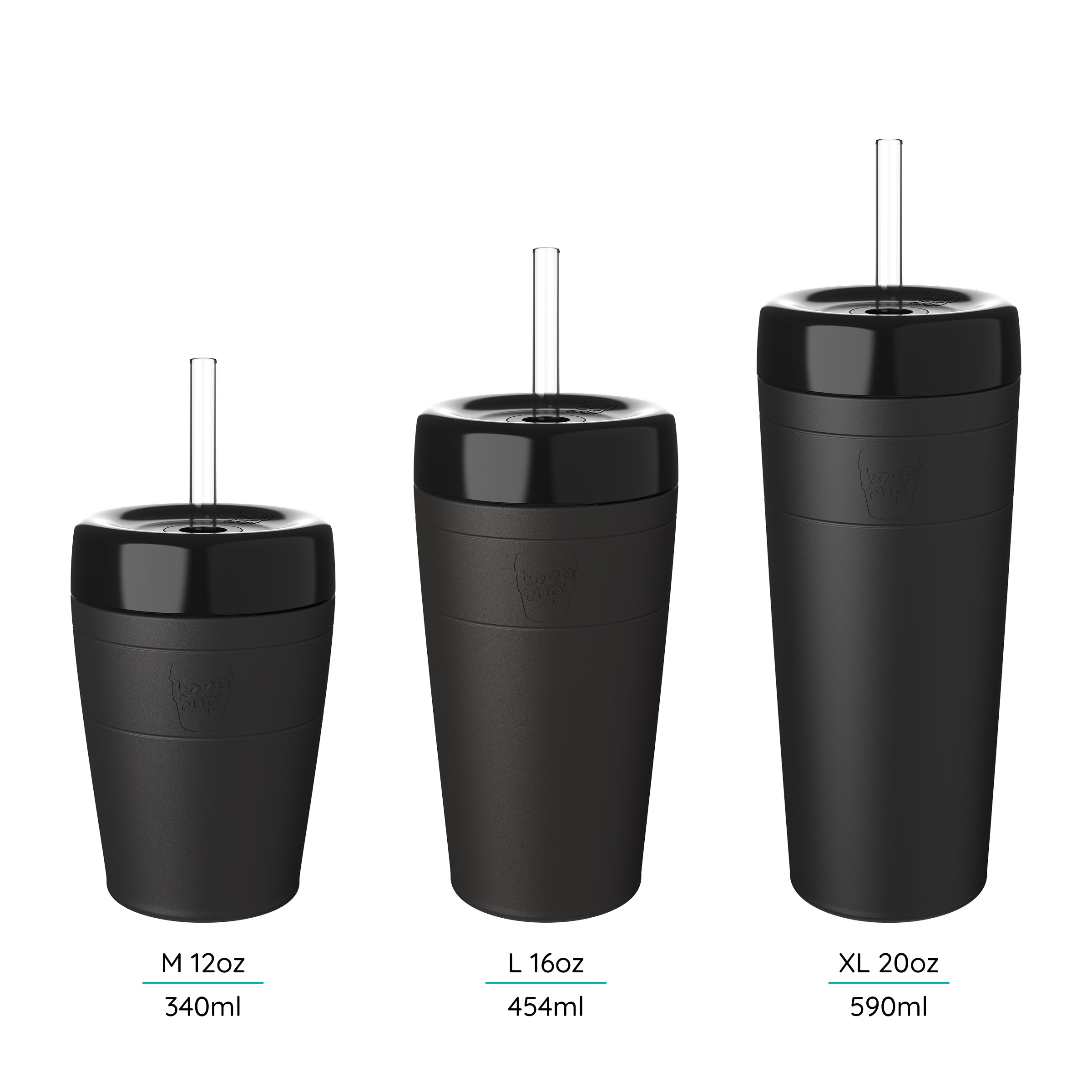 Three Commuter Cold Cups of different sizes M 12, L 16oz, XL 20 with straws on a white background