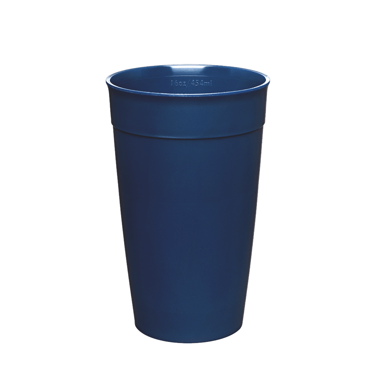 Original Plastic Cup Base in Indigo Blue, L 16oz, shown upright against a white background, displaying the tapered reusable cup with measurement marking visible inside the rim.