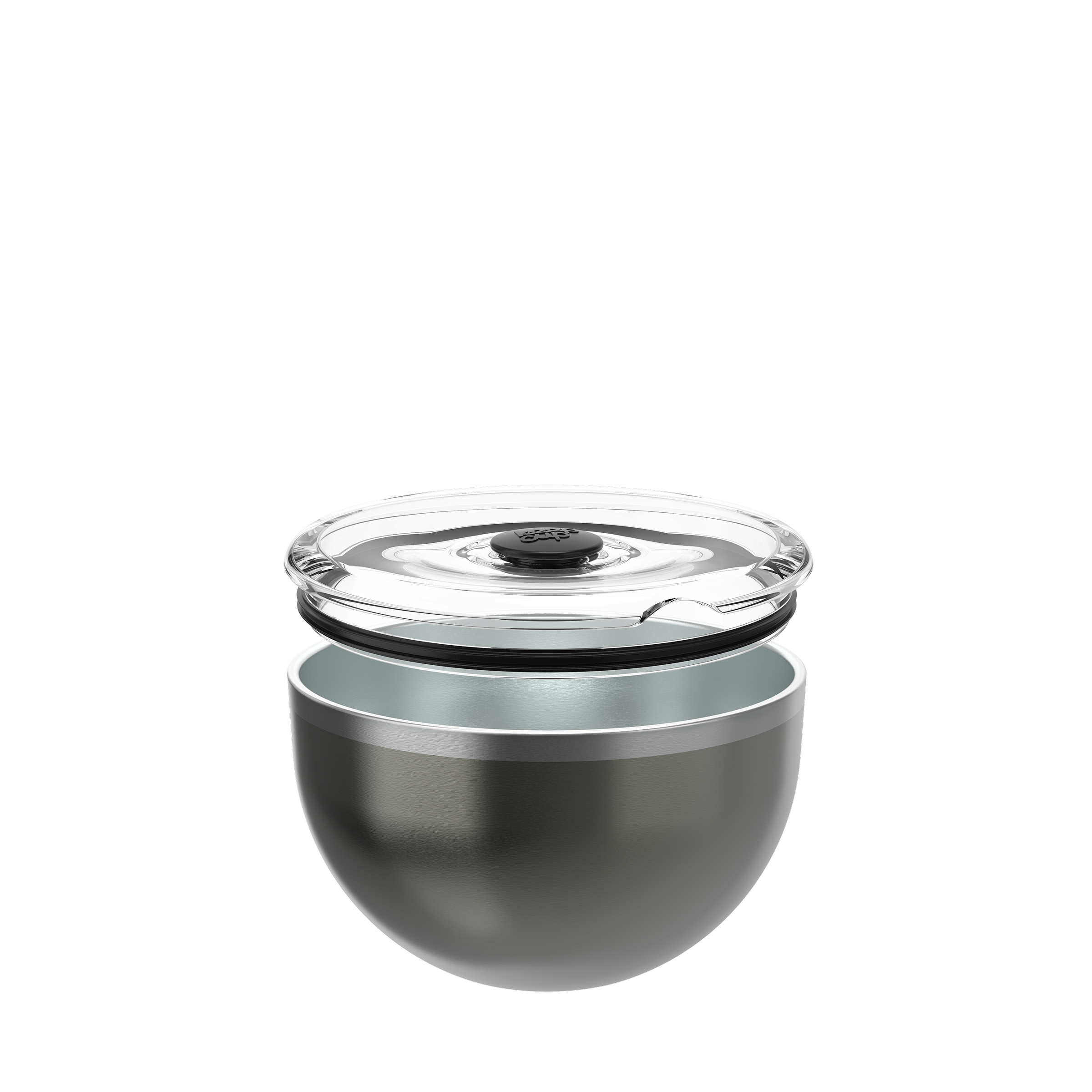 KeepCup Go Bowl Luxe in Nitro, shown with the flat transparent lid lifted above the dark metallic stainless steel bowl to display the vacuum seal and black silicone rim components.