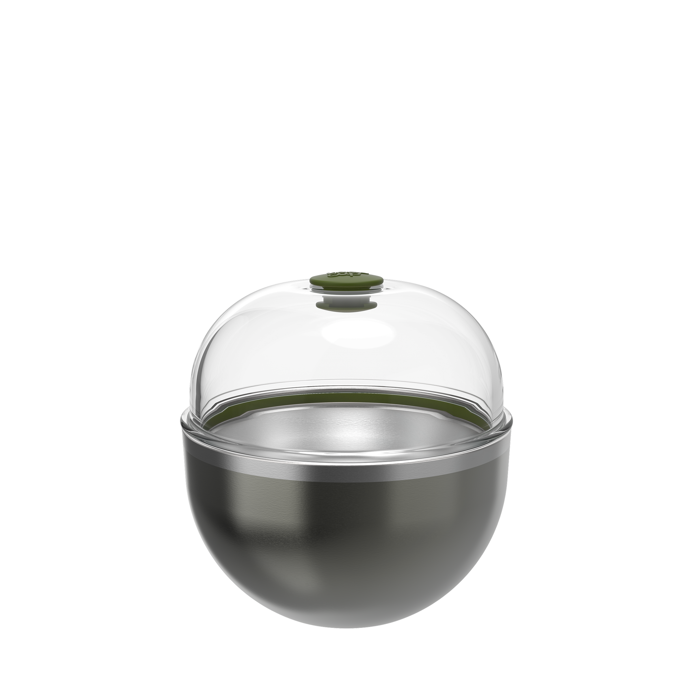 KeepCup Go Bowl Luxe in Nitro Pine, featuring a dark metallic stainless steel base with a clear domed lid and pine green silicone knob, shown against a white background.