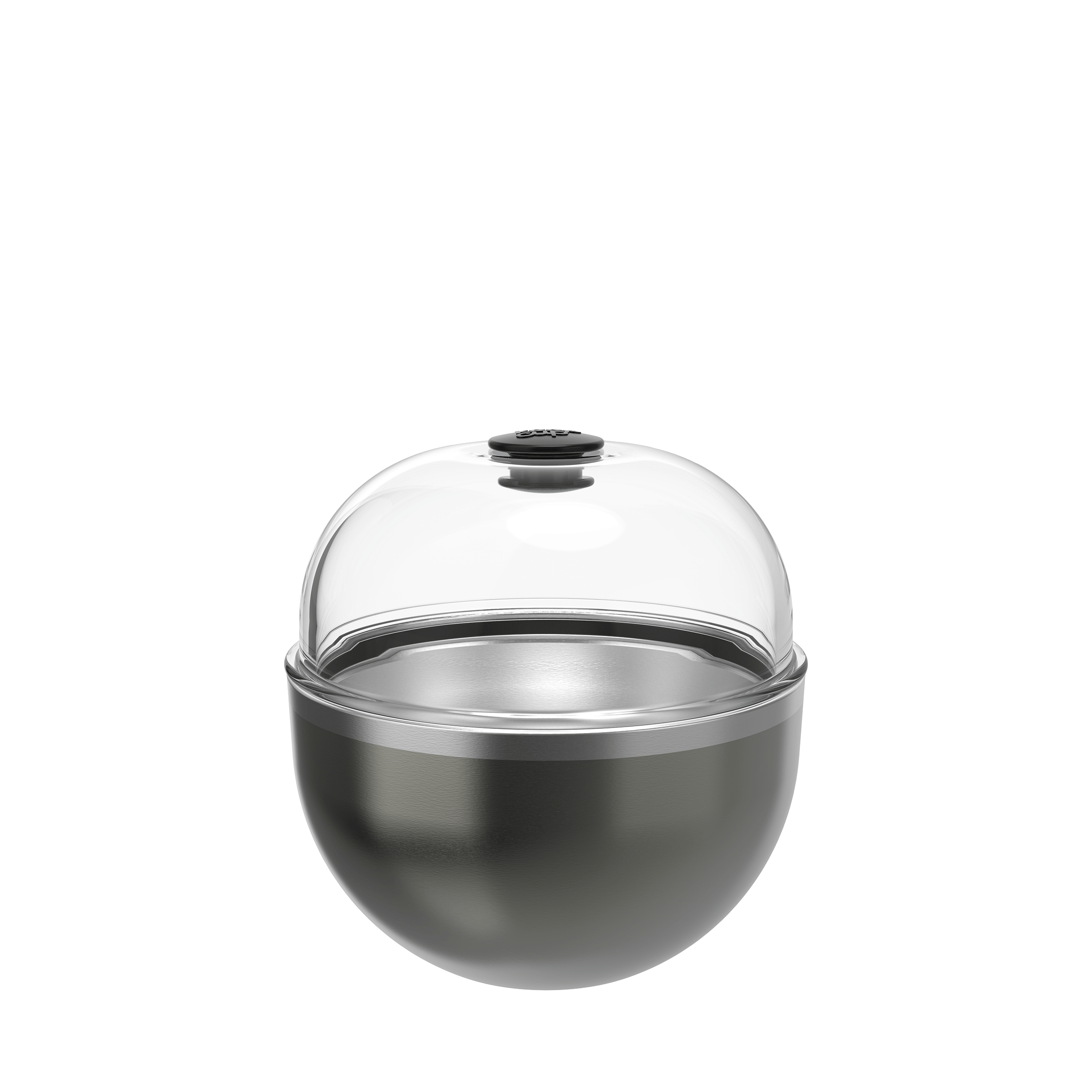 KeepCup Go Bowl Luxe in Nitro, featuring a rounded stainless steel base in dark metallic grey with a clear domed lid and black stopper, shown from a front angle against a white background.