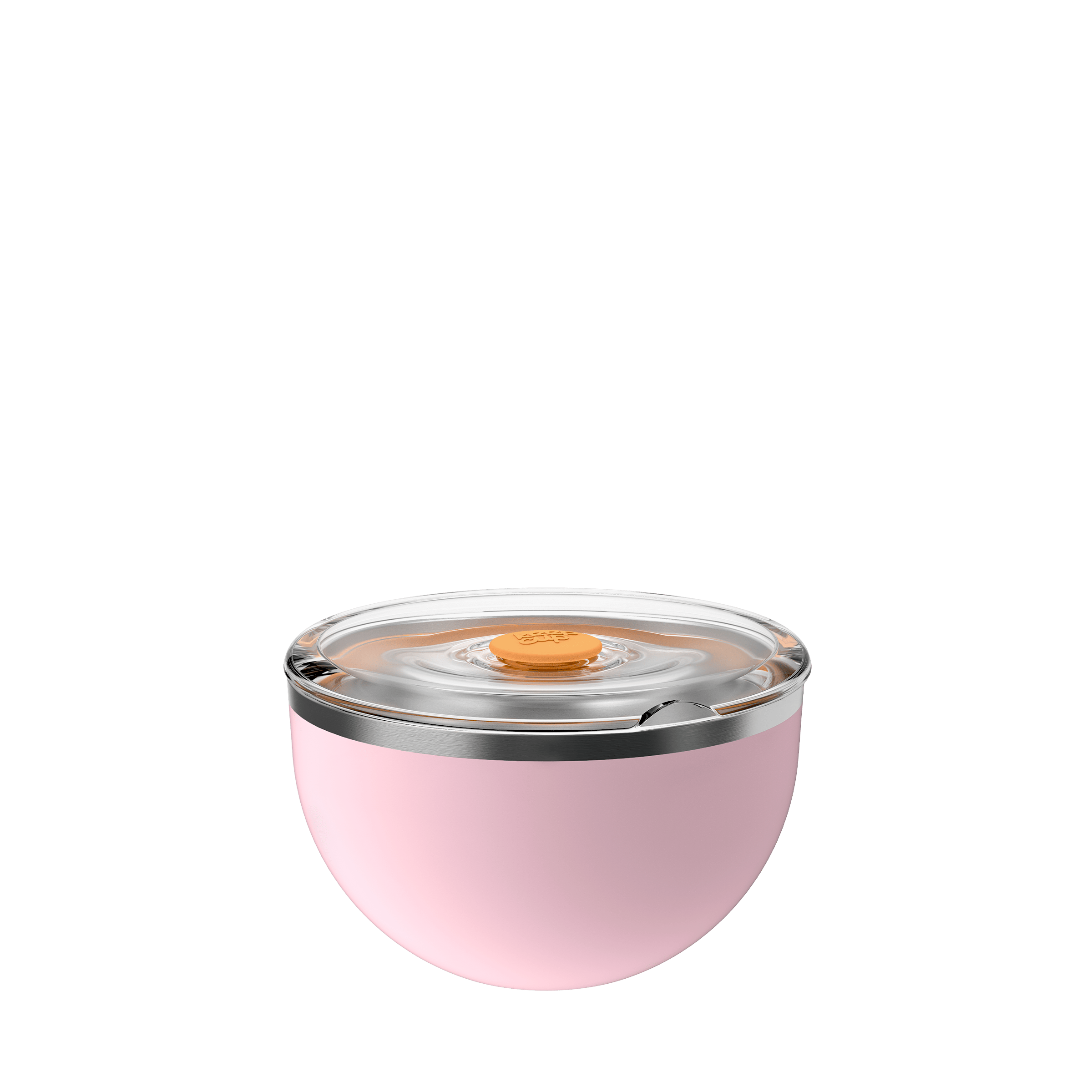 KeepCup Go Bowl Luxe in soft pink with transparent lid and orange press-fit seal, shown from a front angle against a white background.
