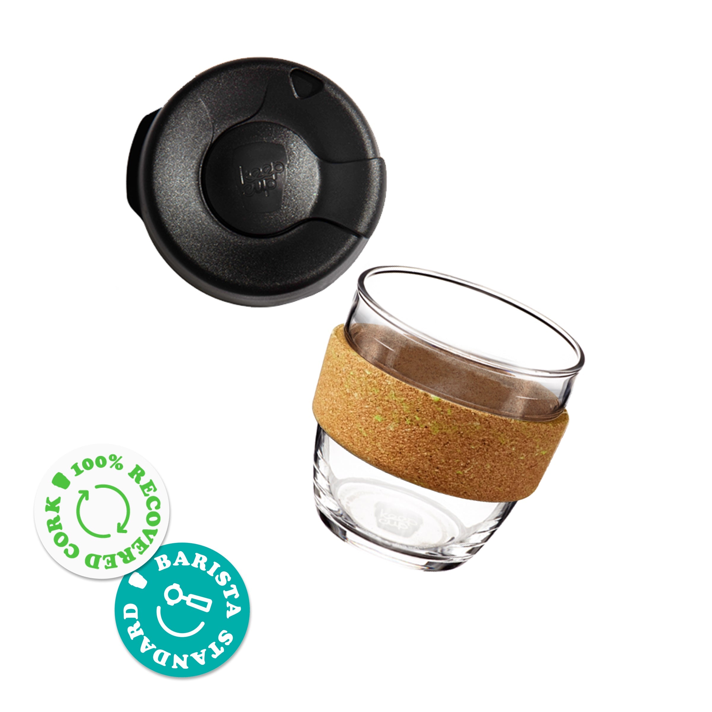 KeepCup Brew Cork Ace S 8oz shown as an exploded view with the lid separated from the clear glass cup featuring a natural cork band, alongside badges indicating 100% recovered cork and barista standard sizing.