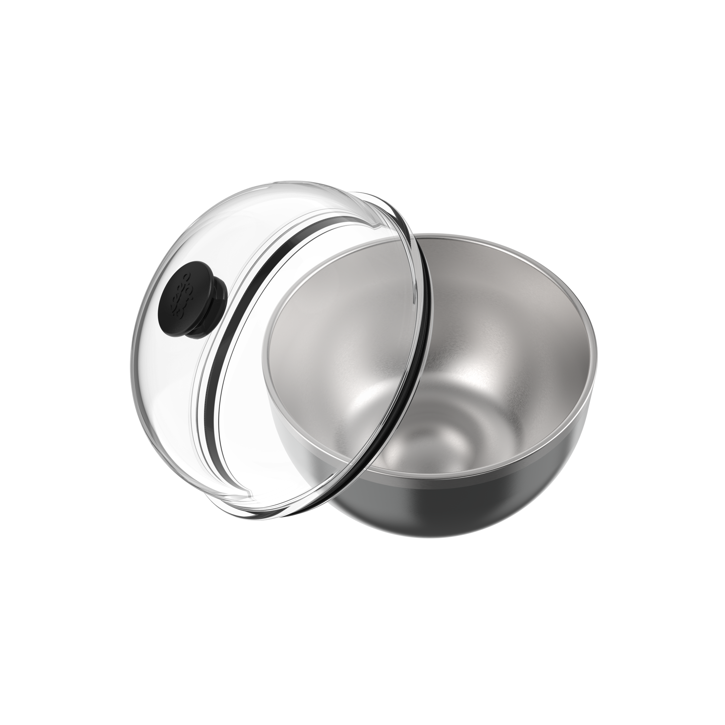 KeepCup Go Bowl Luxe in Nitro, shown from above at an angle with the clear dome lid with black silicone seal leaning against the stainless steel bowl to display both components.
