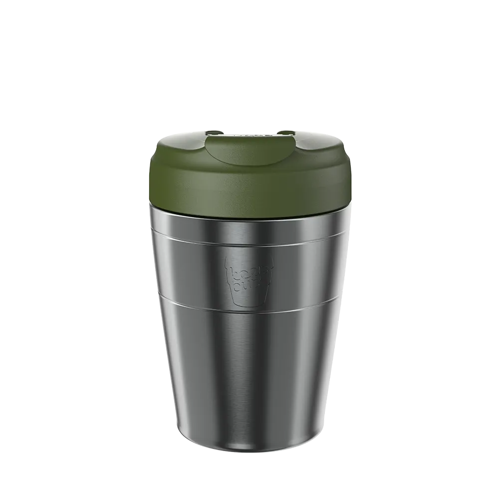 Stainless steel travel mug with a pine green flip lid on a white background