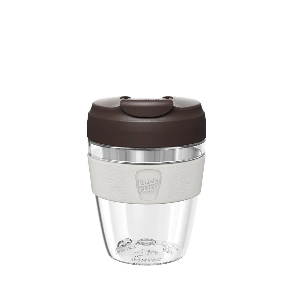 Clear reusable coffee cup with a chocolate brown lid