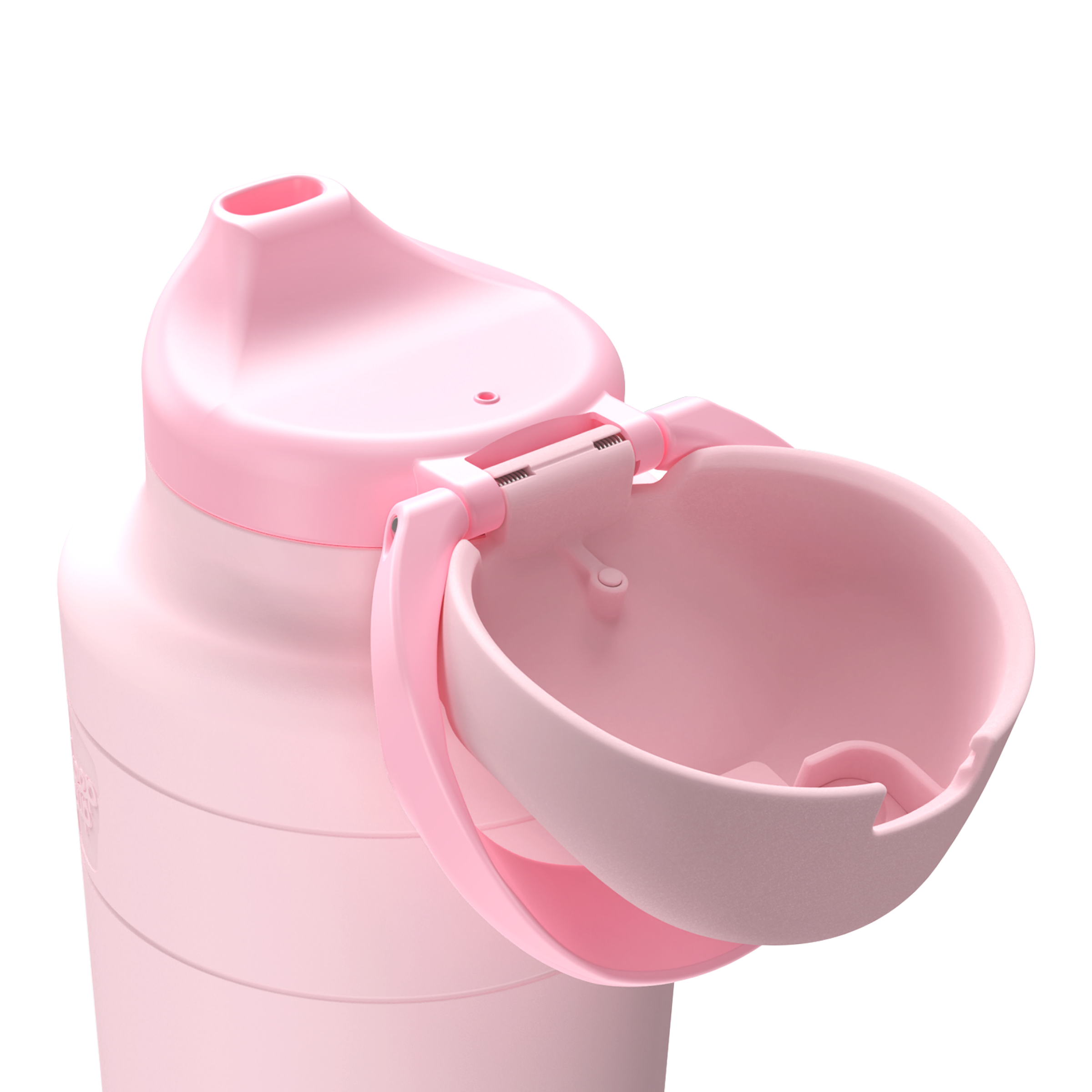 Pink water bottle with a flip lid on a white background