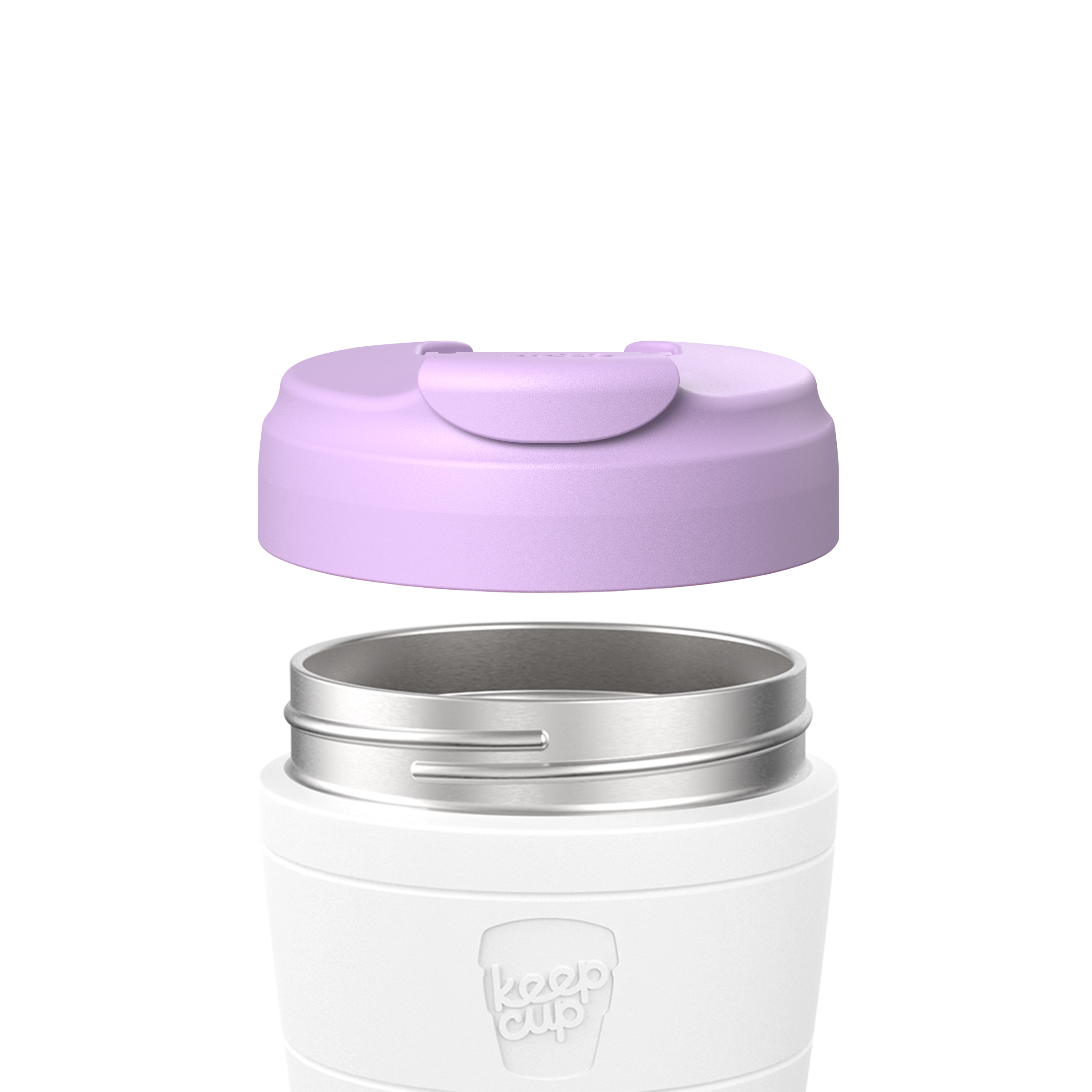 White keepcup thermos with a lilac lid on a white background