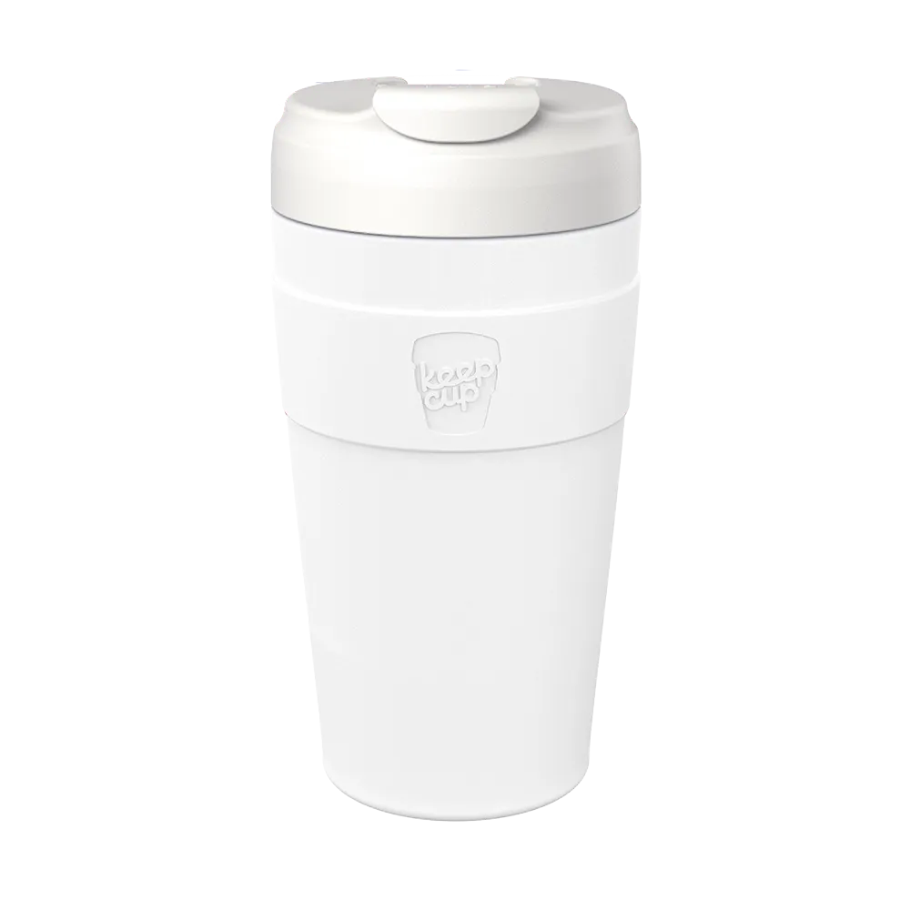White reusable coffee cup with a leakproof flip lid on a white background