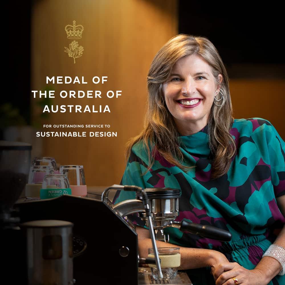 Abigail Forsyth pictured with text overlay of Medal of the Order of Australia for Sustainble Design