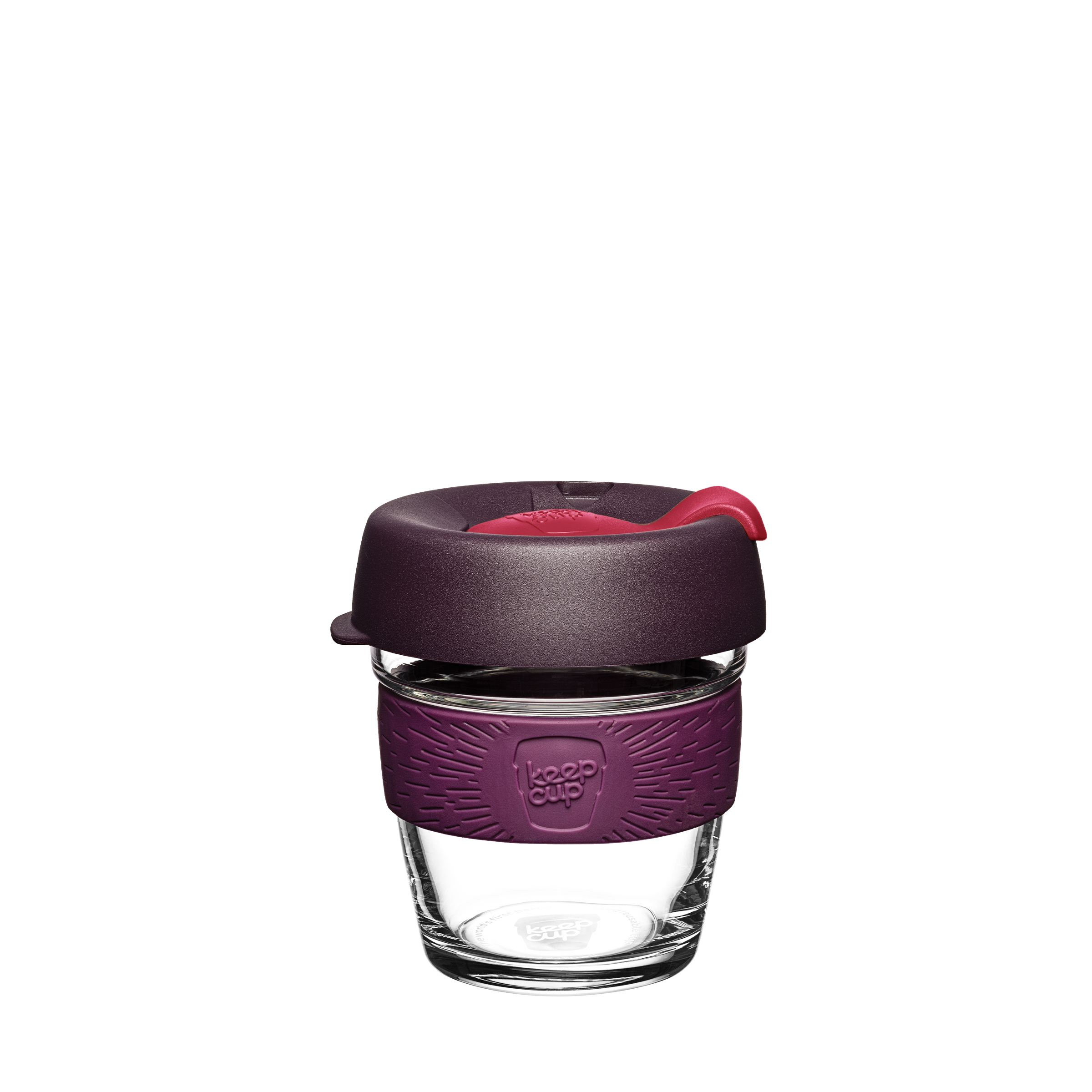 A KeepCup Brew XS reusable glass coffee cup with a dark purple silicone sleeve and a matching dark purple lid featuring a bright red plug shown on a plain white background