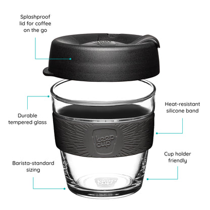 KeepCup Reusable coffee cup with black lid and band, featuring text on a white background