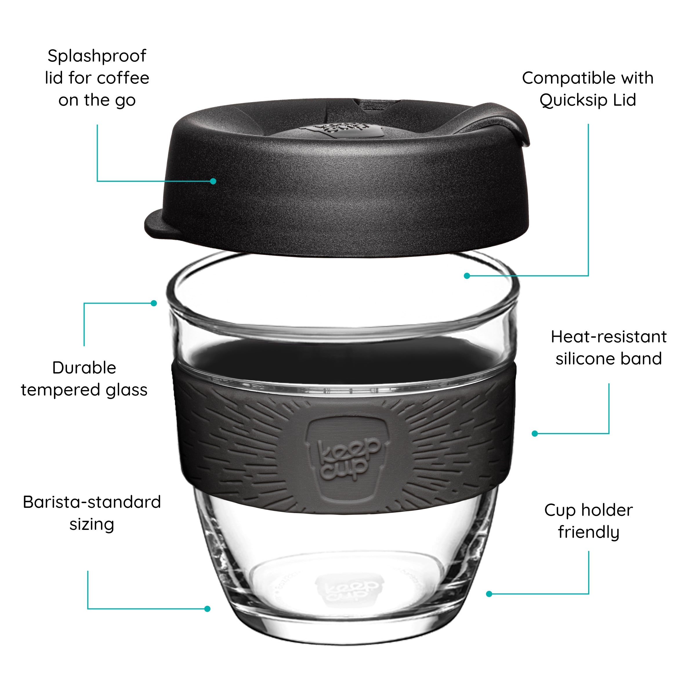 KeepCup Reusable coffee cup with black lid and band, featuring text on a white background