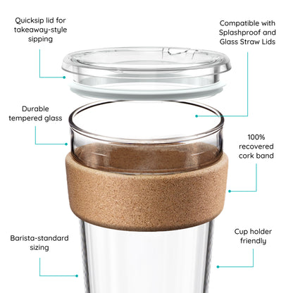 KeepCup glass coffee cup with cork band and lid, featuring text on a white background.