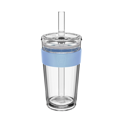 KeepCup Cold Cup Longplay Boba L 16oz in Orchid, featuring a clear double-walled cup with a light blue silicone band, transparent lid and reusable straw, shown against a white background.