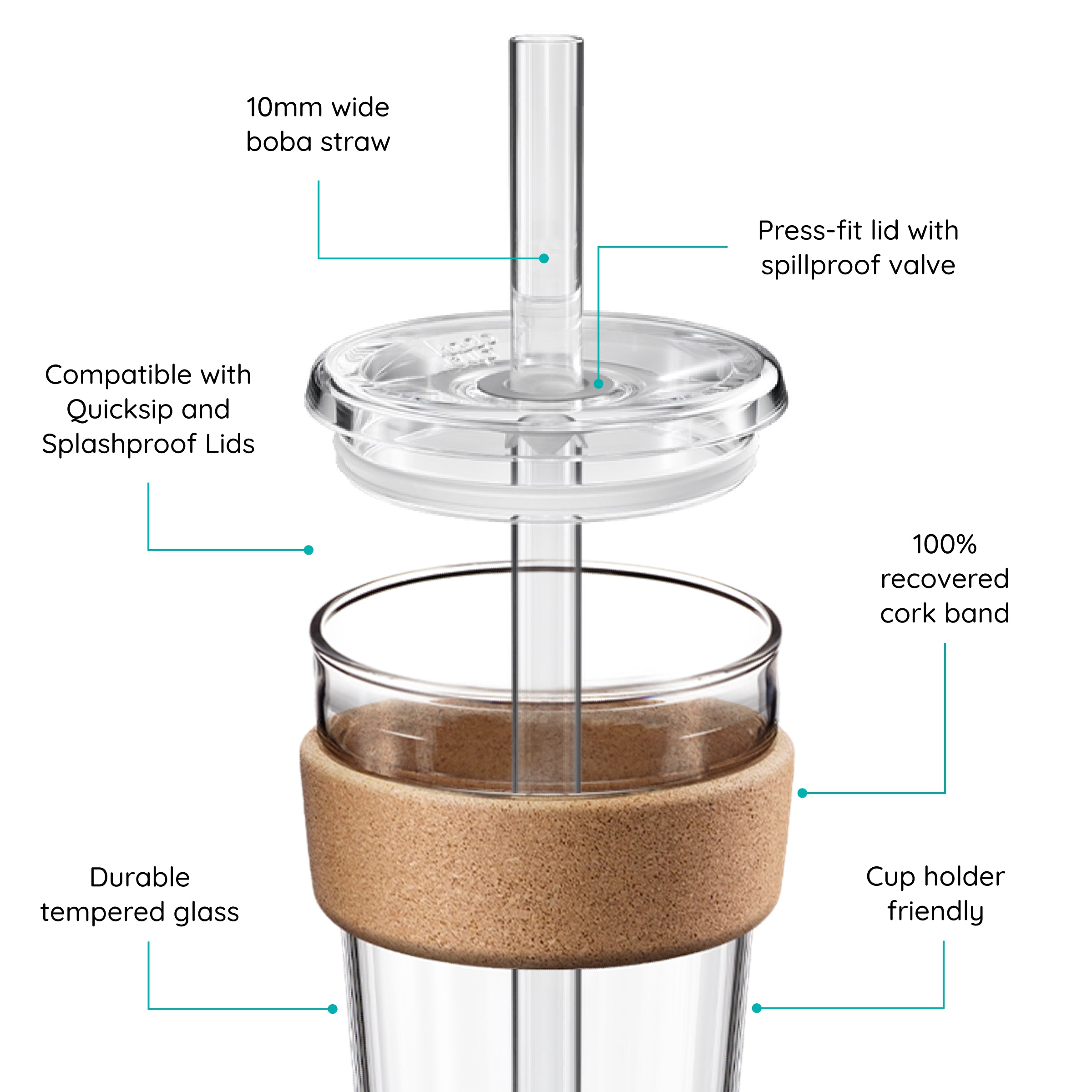 Cold Cup with cork band and Boba Straw, labeled features on a white background