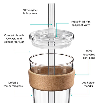 Cold Cup with cork band and Boba Straw, labeled features on a white background
