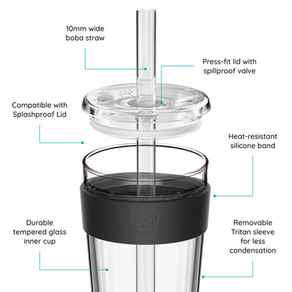 Cold Cup Long with Boba Straw. Features labeled on a white background