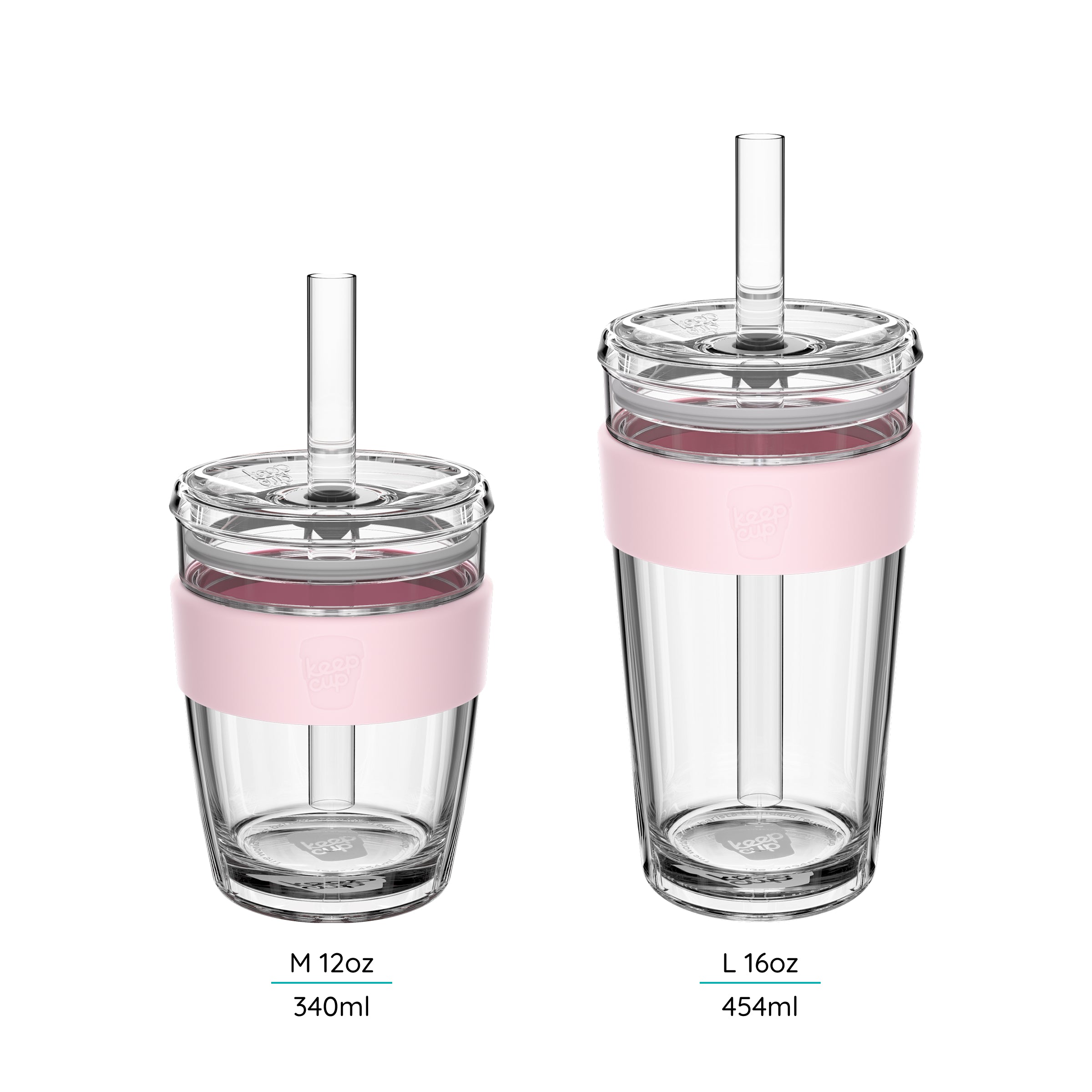 Two Cold Cup Longplay Cup's with straws on a white background with their size's M 12oz and L 16oz featured. 
