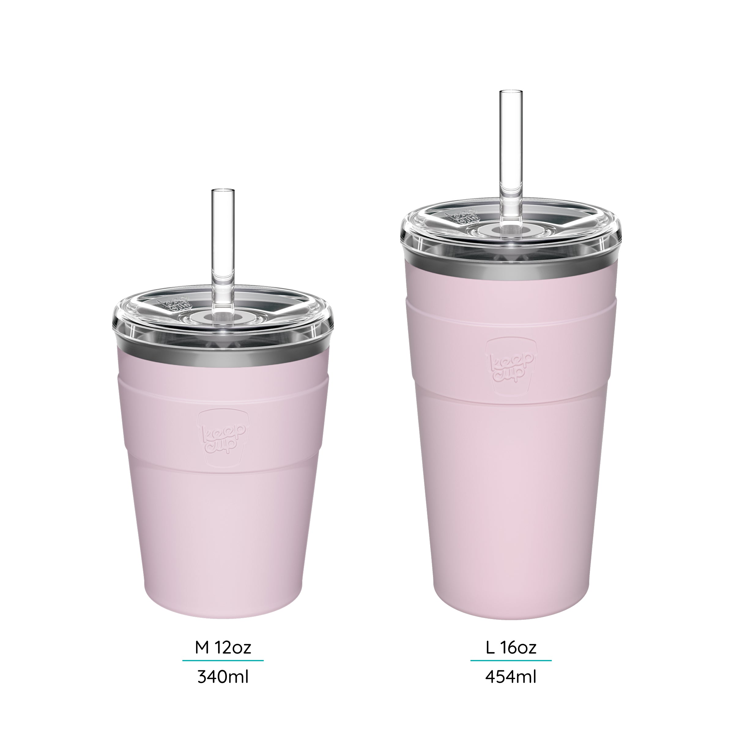 Two Cold Cup Thermal's with straws and lids on a white background displaying their sizes M 12oz and L 16oz