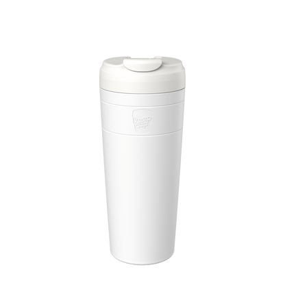 A white Design Your Own Commuter XL 20oz reusable cup shown against a plain white background, featuring the KeepCup logo embossed on the body, a secure flip-top lid, and a sleek tapered design.