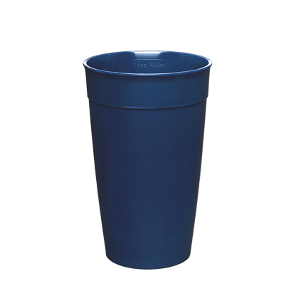 Original Plastic Cup Base in Indigo Blue, L 16oz, shown upright against a white background, displaying the tapered reusable cup with measurement marking visible inside the rim.