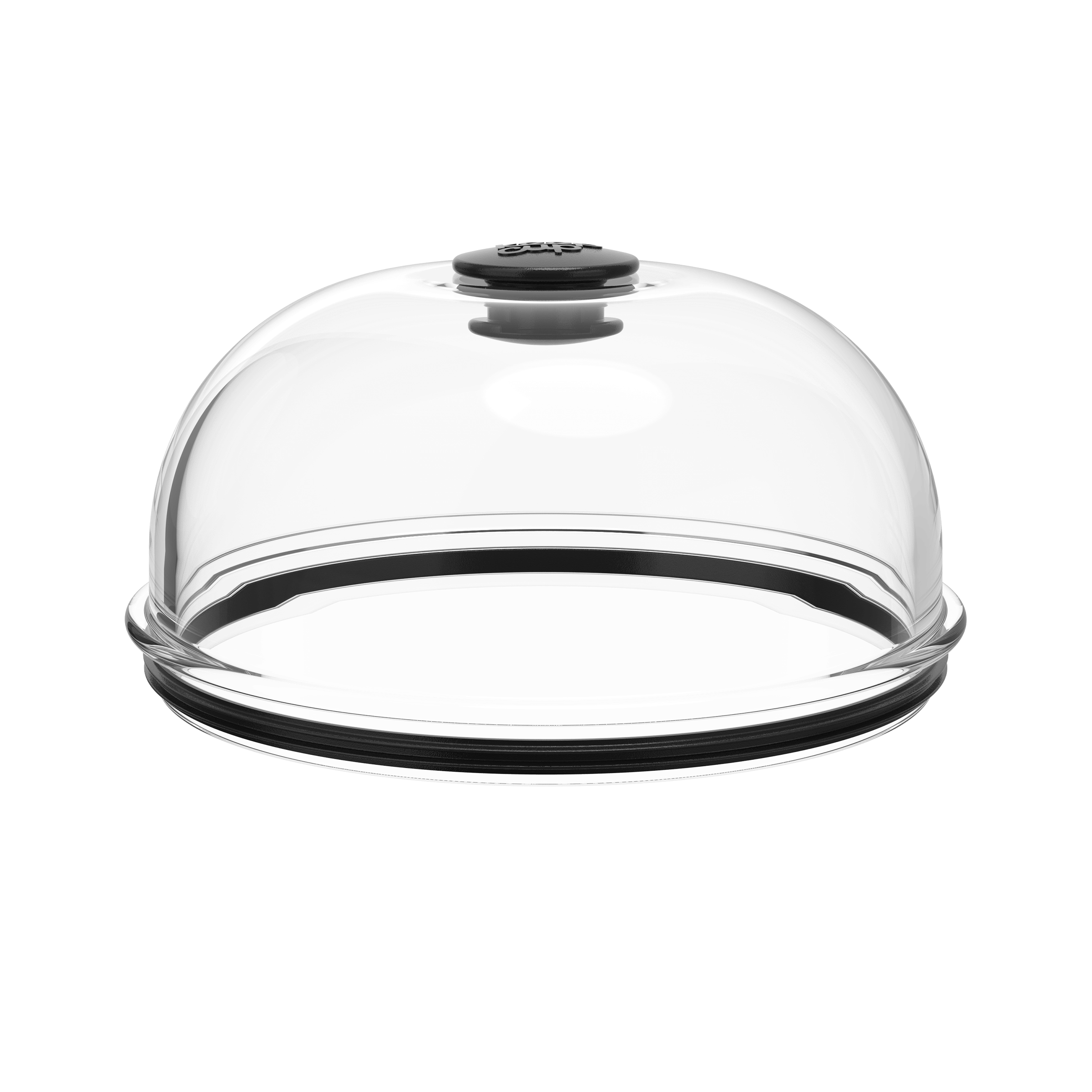 Go Bowl Dome Lid in Black, shown from a front angle on a white background. The transparent dome features a black knob on top and a black silicone seal around the base rim.