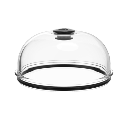 Go Bowl Dome Lid in Black, shown from a front angle on a white background. The transparent dome features a black knob on top and a black silicone seal around the base rim.