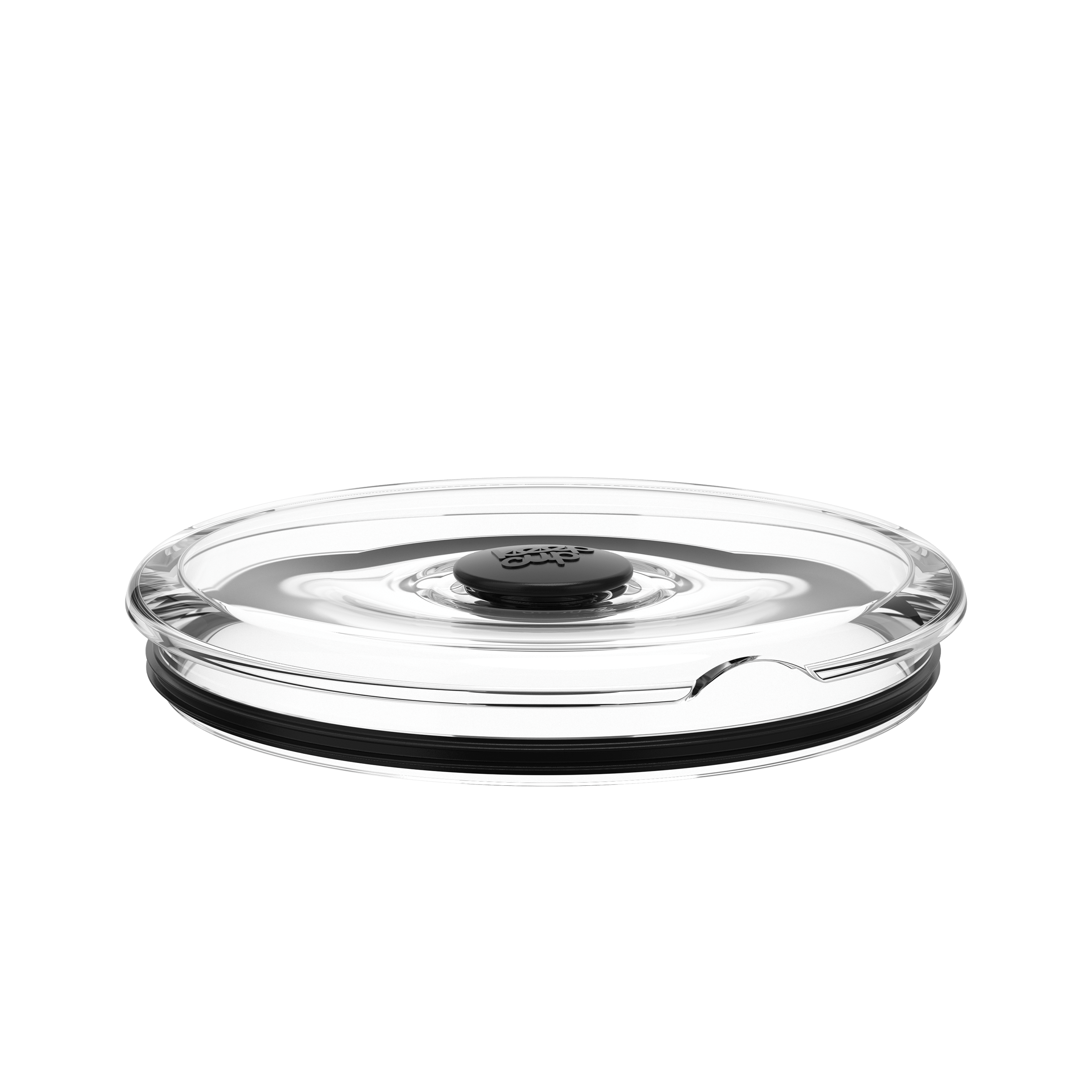 Go Bowl Flat Lid in Black, shown from a low side angle against a white background, featuring a clear plastic lid with a central black vent button and black silicone seal ring around the base.