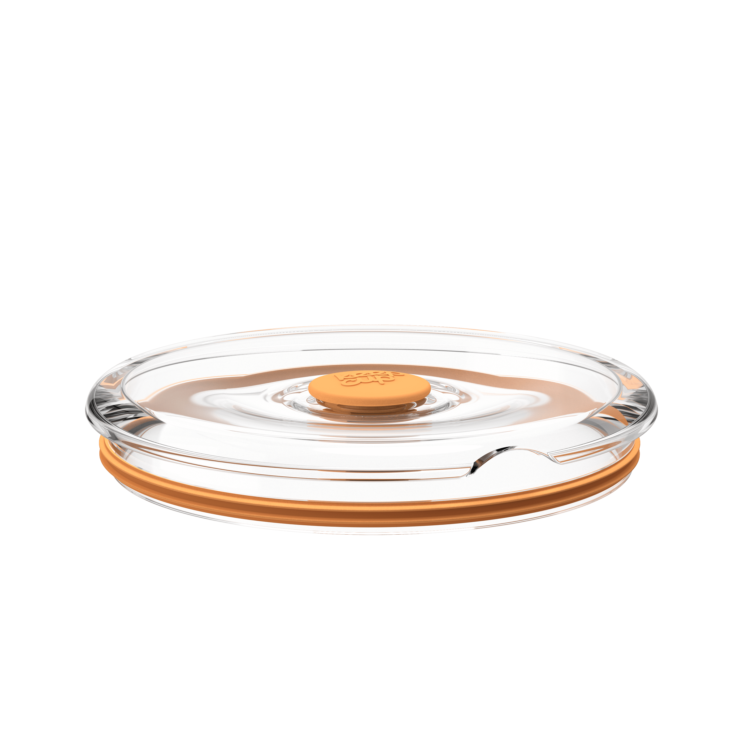 Go Bowl Flat Lid in Peach, shown from a low side angle against a white background, featuring a clear plastic lid with an orange silicone rim and central press-button seal.