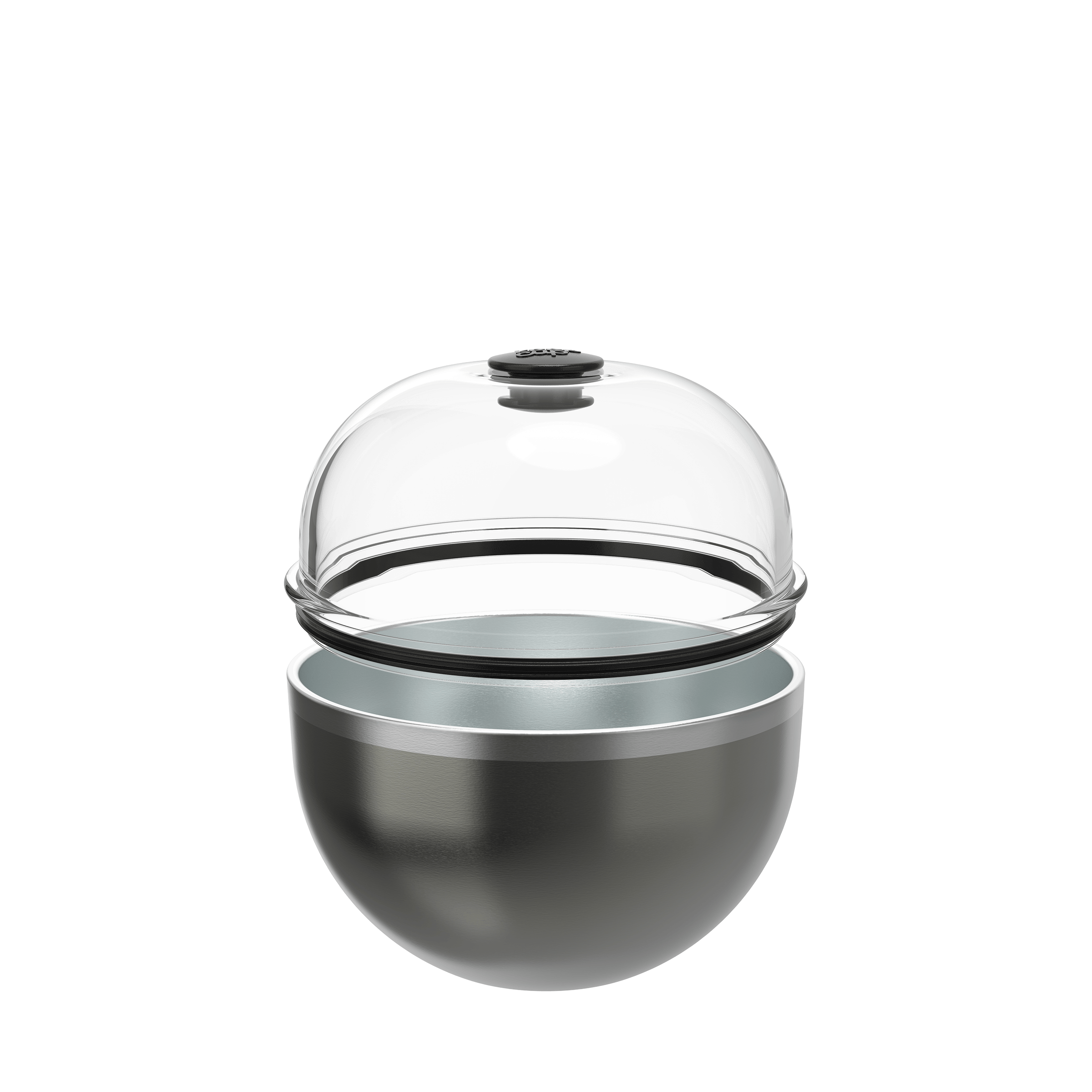KeepCup Go Bowl Luxe in Nitro, featuring a metallic dark grey stainless steel base with transparent dome lid and black knob, shown in an exploded view against a white background to display the separate components.