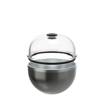 KeepCup Go Bowl Luxe in Nitro, featuring a metallic dark grey stainless steel base with transparent dome lid and black knob, shown in an exploded view against a white background to display the separate components.