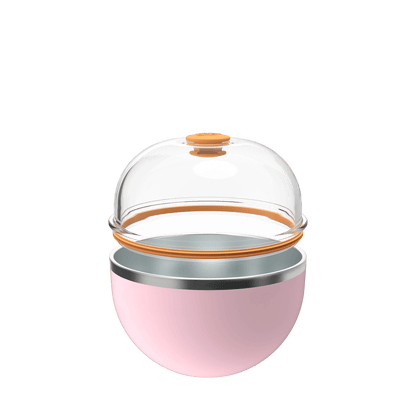 KeepCup Go Bowl Luxe in Pashmak Pink shown open with the clear dome lid lifted, revealing the stainless steel inner bowl and soft pink rounded base with orange silicone seal details.