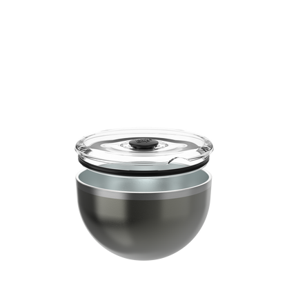 KeepCup Go Bowl Luxe in Nitro, shown with the flat transparent lid lifted above the dark metallic stainless steel bowl to display the vacuum seal and black silicone rim components.