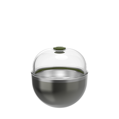 KeepCup Go Bowl Luxe in Nitro Pine, featuring a dark metallic stainless steel base with a clear domed lid and pine green silicone knob, shown against a white background.