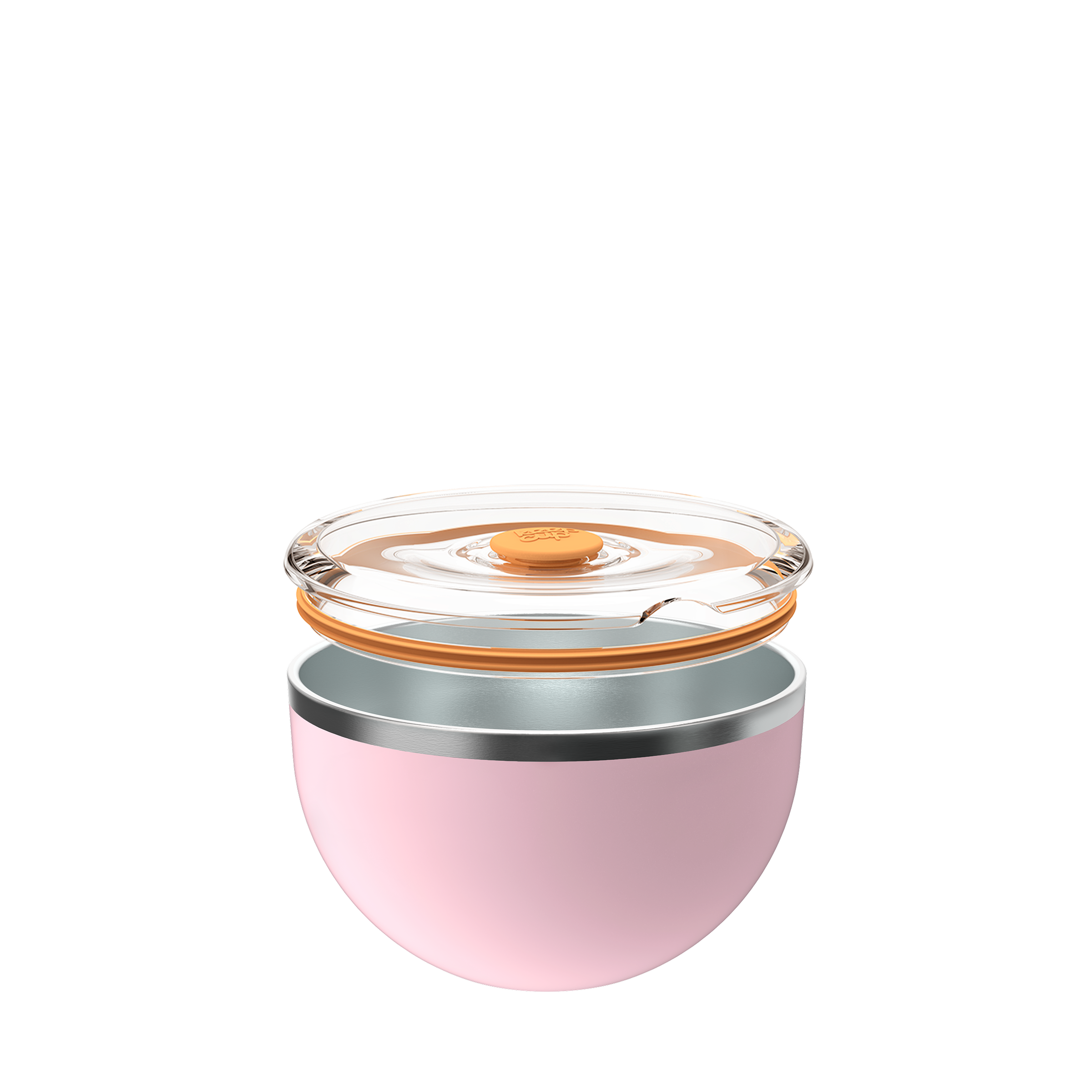 KeepCup Go Bowl Luxe in Pashmak Pink shown in an exploded view with the clear flat lid with orange silicone seal and press-fit closure hovering above the soft pink insulated stainless steel bowl base.